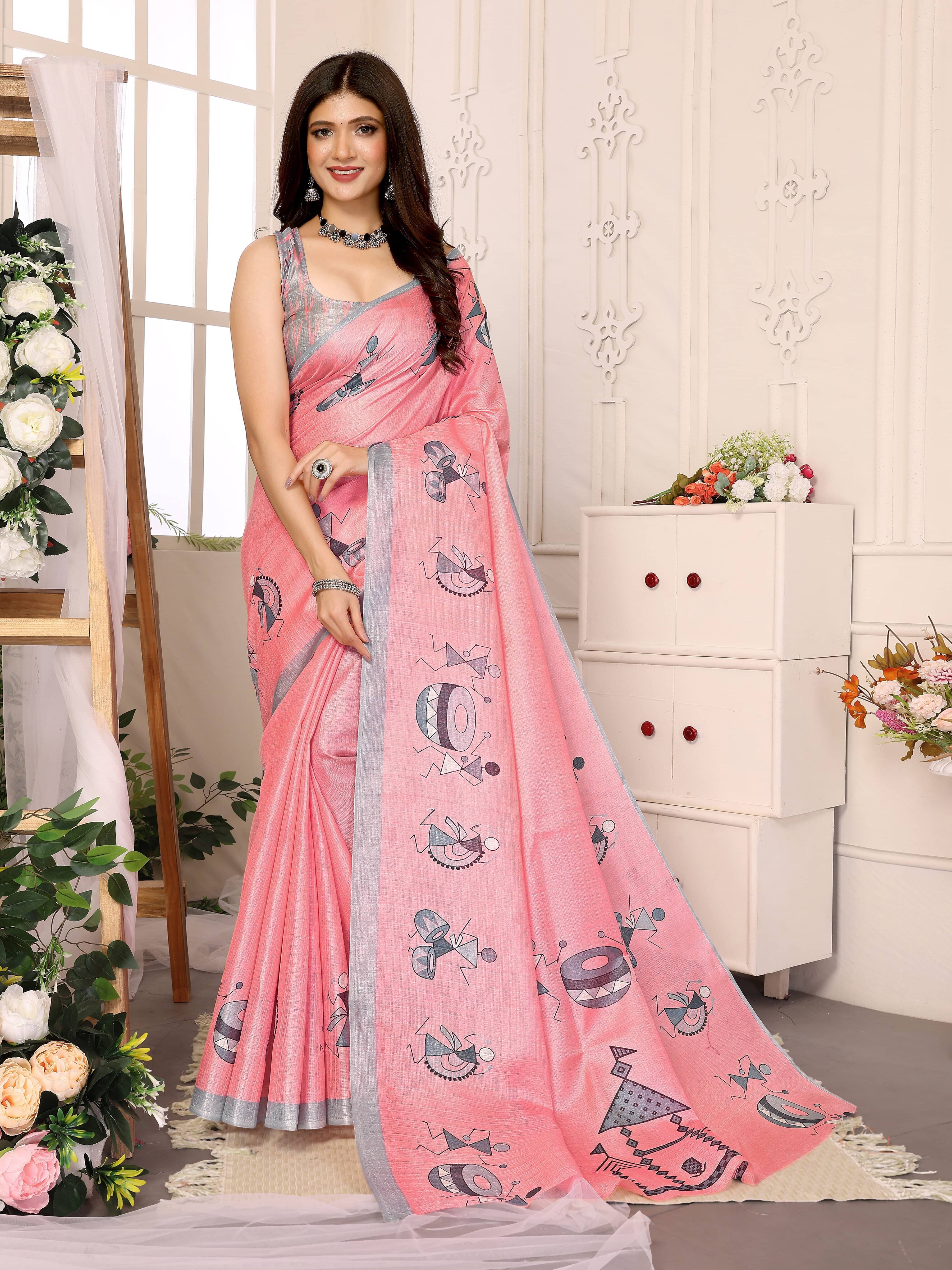Yashika Art Silk Printed Saree With Unstitched Blouse Piece ( Pink ) Yashika Art Silk Printed Saree With Unstitched Blouse Piece ( Pink )