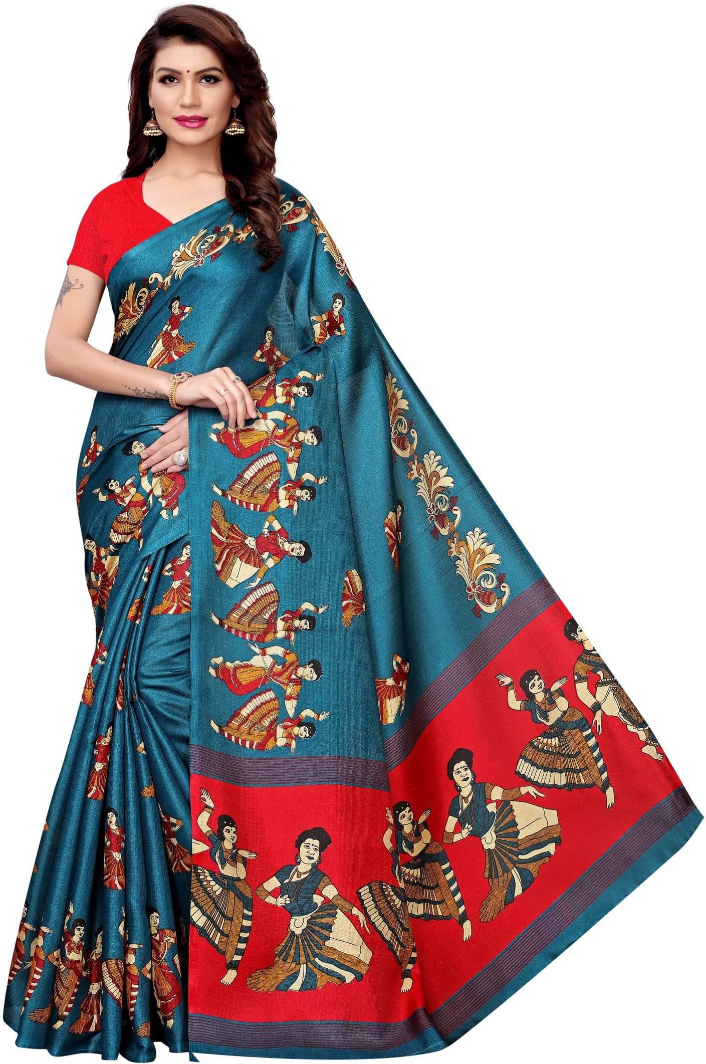Yashika Art Silk Printed Saree With Unstitched Blouse Piece ( Blue ) Yashika Art Silk Printed Saree With Unstitched Blouse Piece ( Blue )