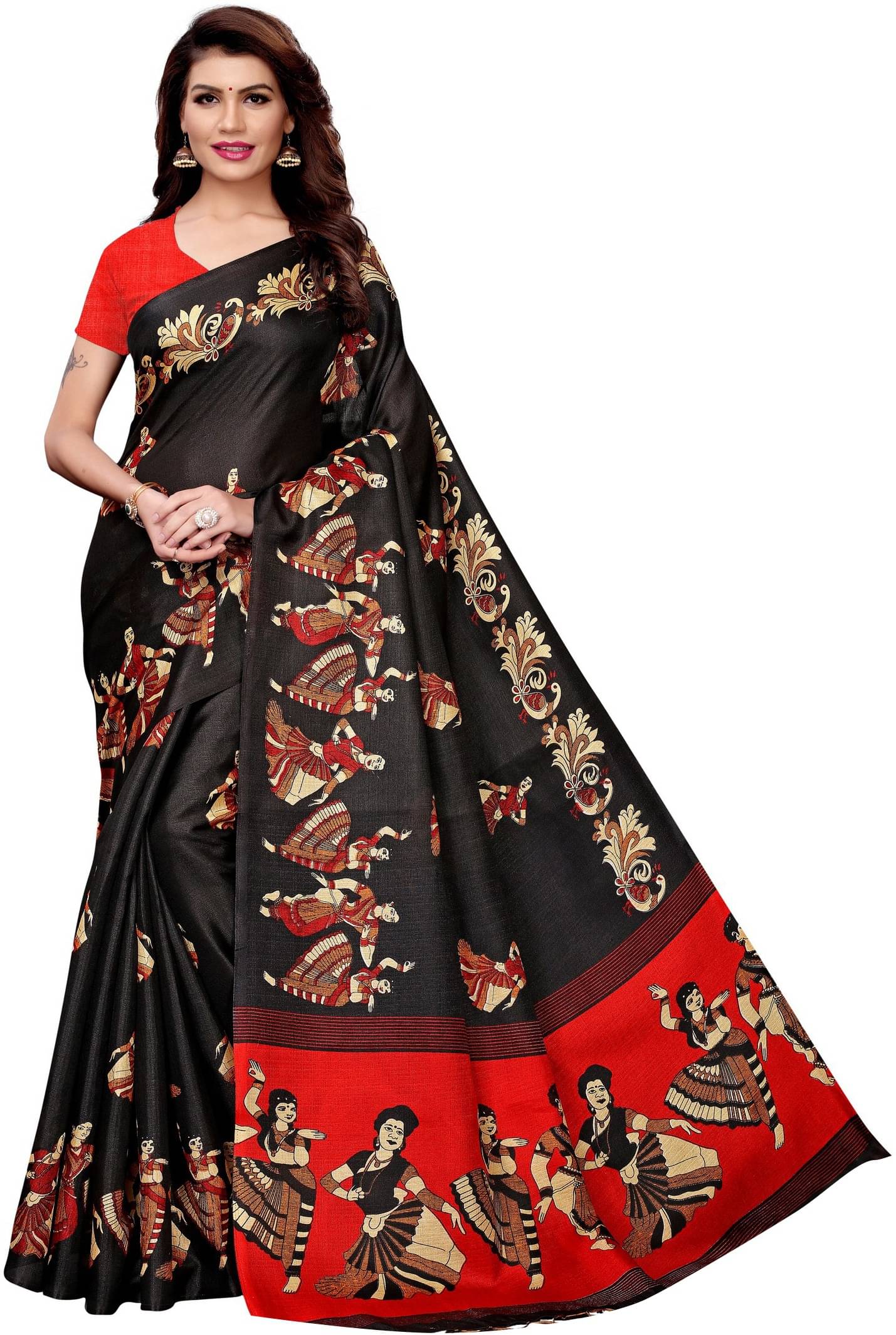 Yashika Art Silk Printed Saree With Unstitched Blouse Piece ( Black ) Yashika Art Silk Printed Saree With Unstitched Blouse Piece ( Black )