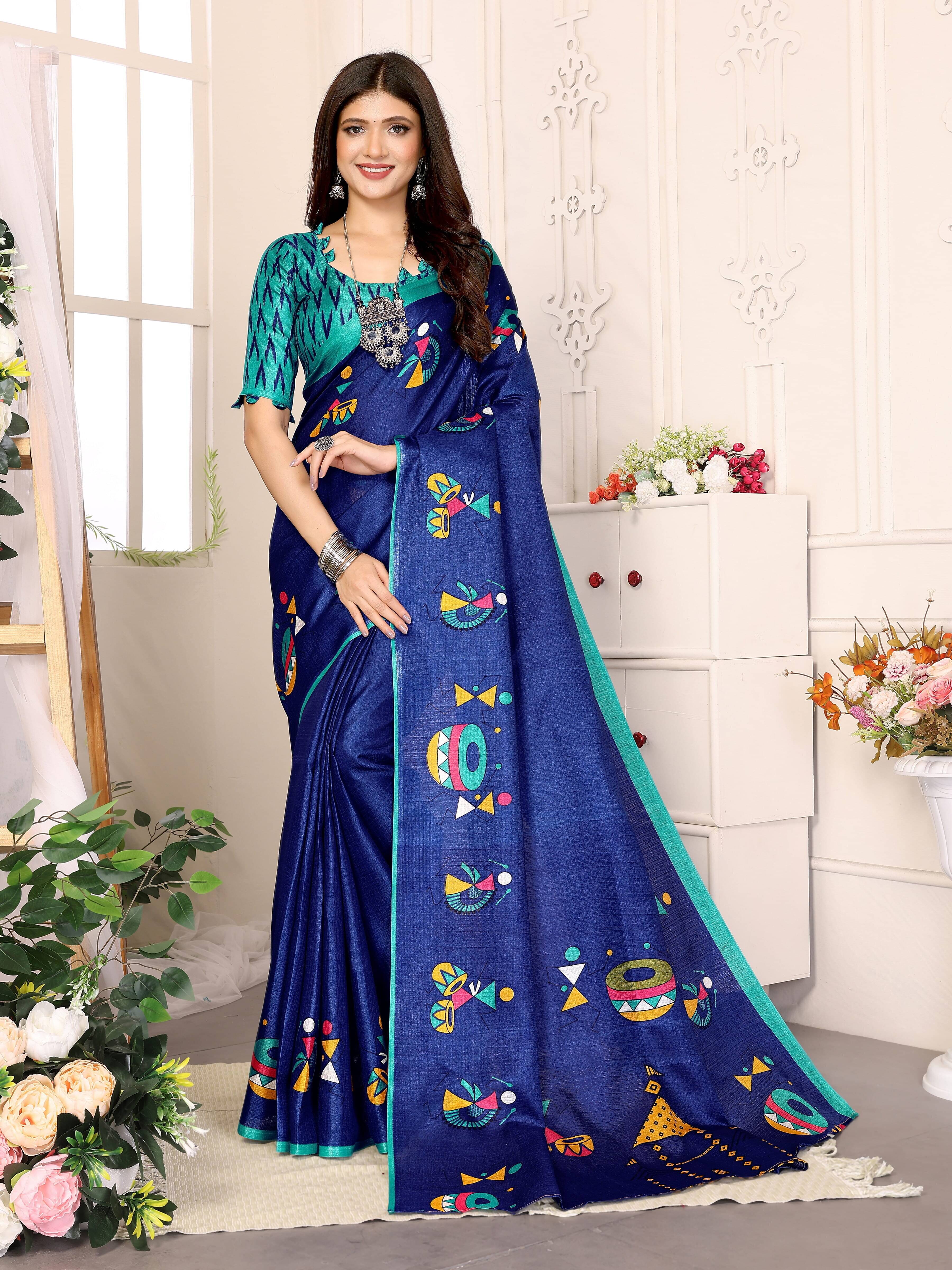 Yashika Art Silk Printed Saree With Unstitched Blouse Piece ( Blue ) Yashika Art Silk Printed Saree With Unstitched Blouse Piece ( Blue )