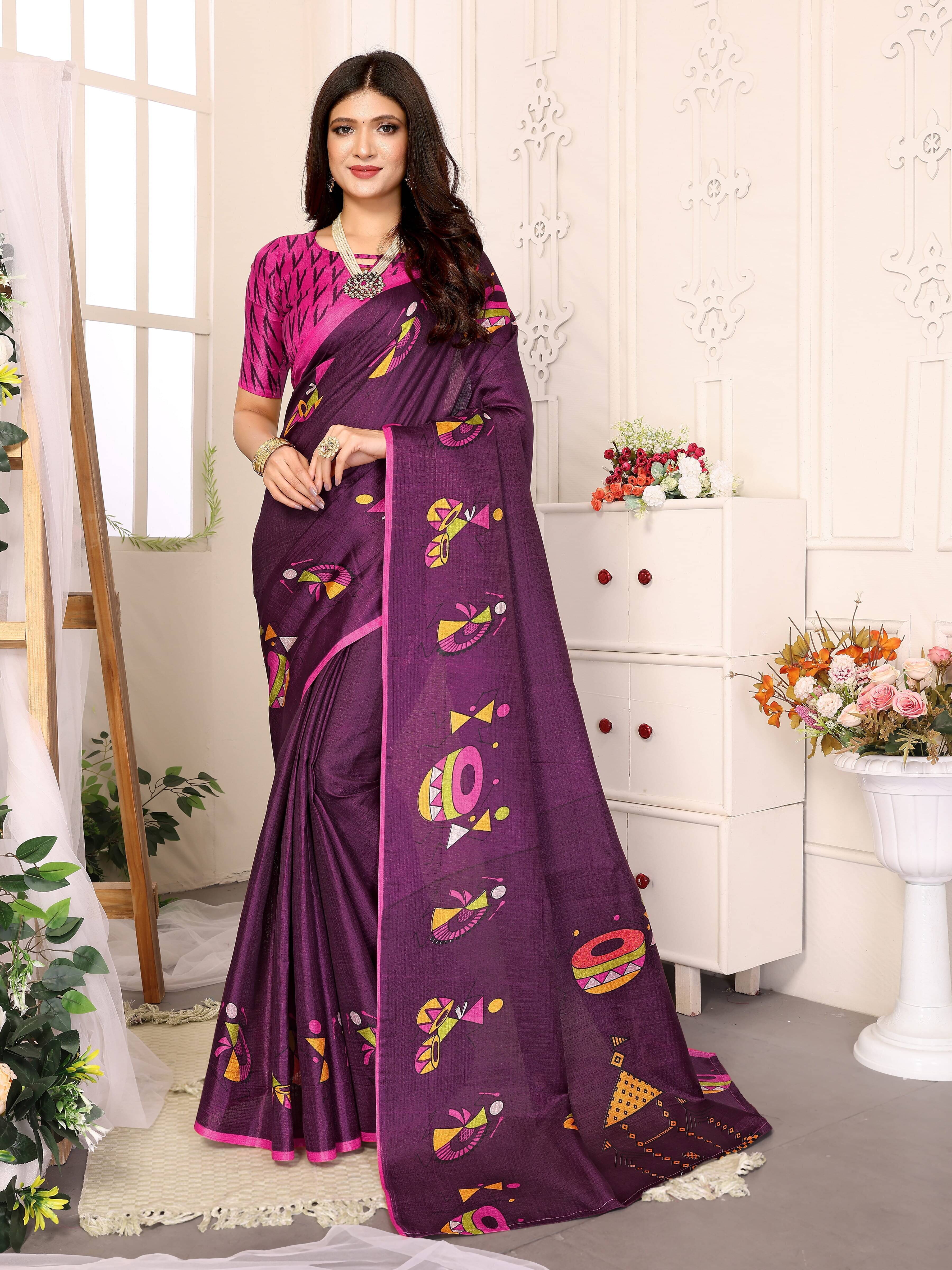 Yashika Art Silk Printed Saree With Unstitched Blouse Piece ( Purple ) Yashika Art Silk Printed Saree With Unstitched Blouse Piece ( Purple )