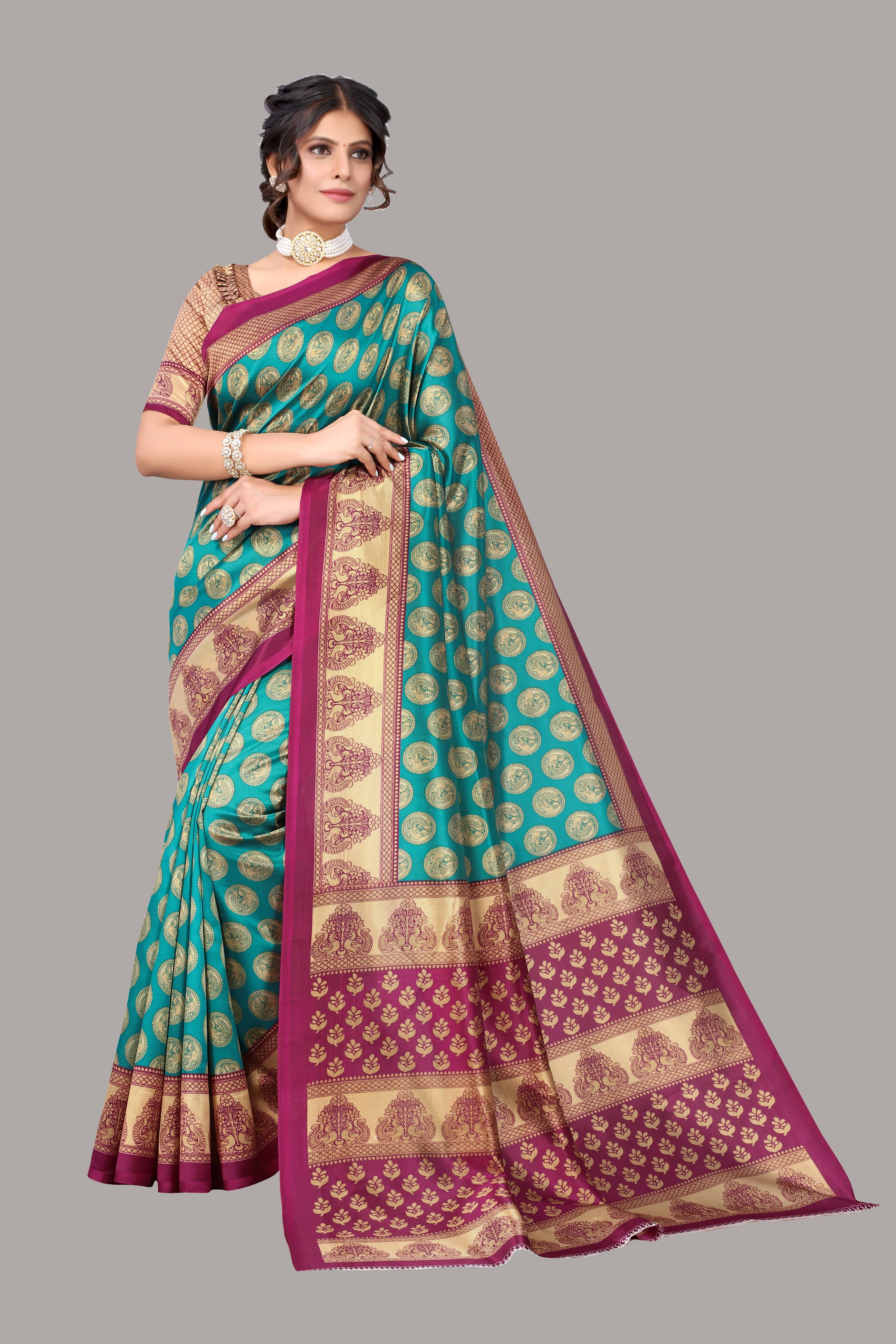     			Yashika Art Silk Printed Saree With Unstitched Blouse Piece ( Blue )