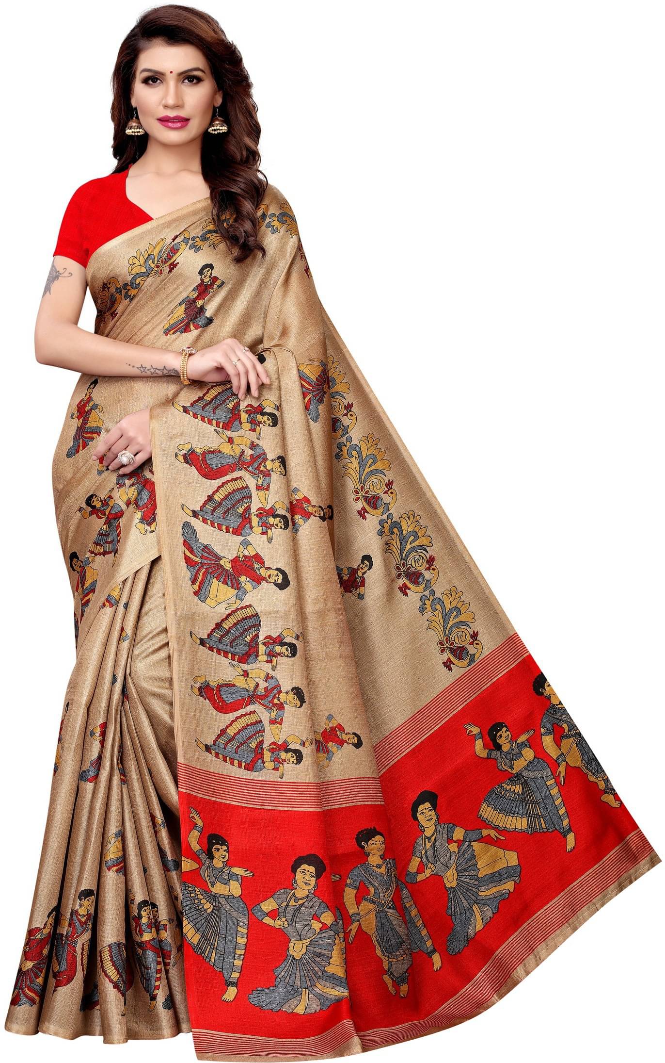 Yashika Art Silk Printed Saree With Unstitched Blouse Piece ( Beige ) Yashika Art Silk Printed Saree With Unstitched Blouse Piece ( Beige )