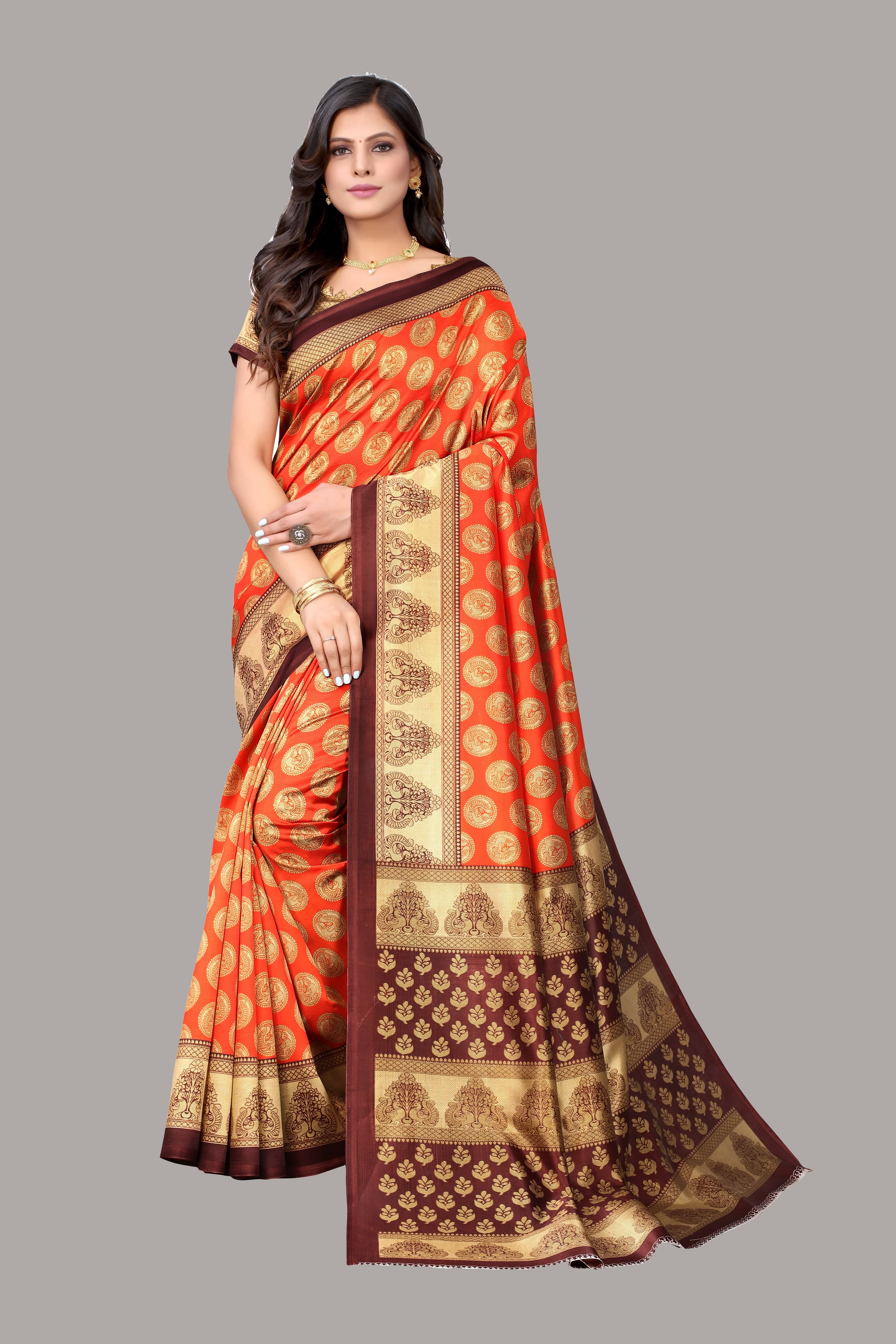 Yashika Art Silk Printed Saree With Unstitched Blouse Piece ( Orange )     			Yashika Art Silk Printed Saree With Unstitched Blouse Piece ( Orange )