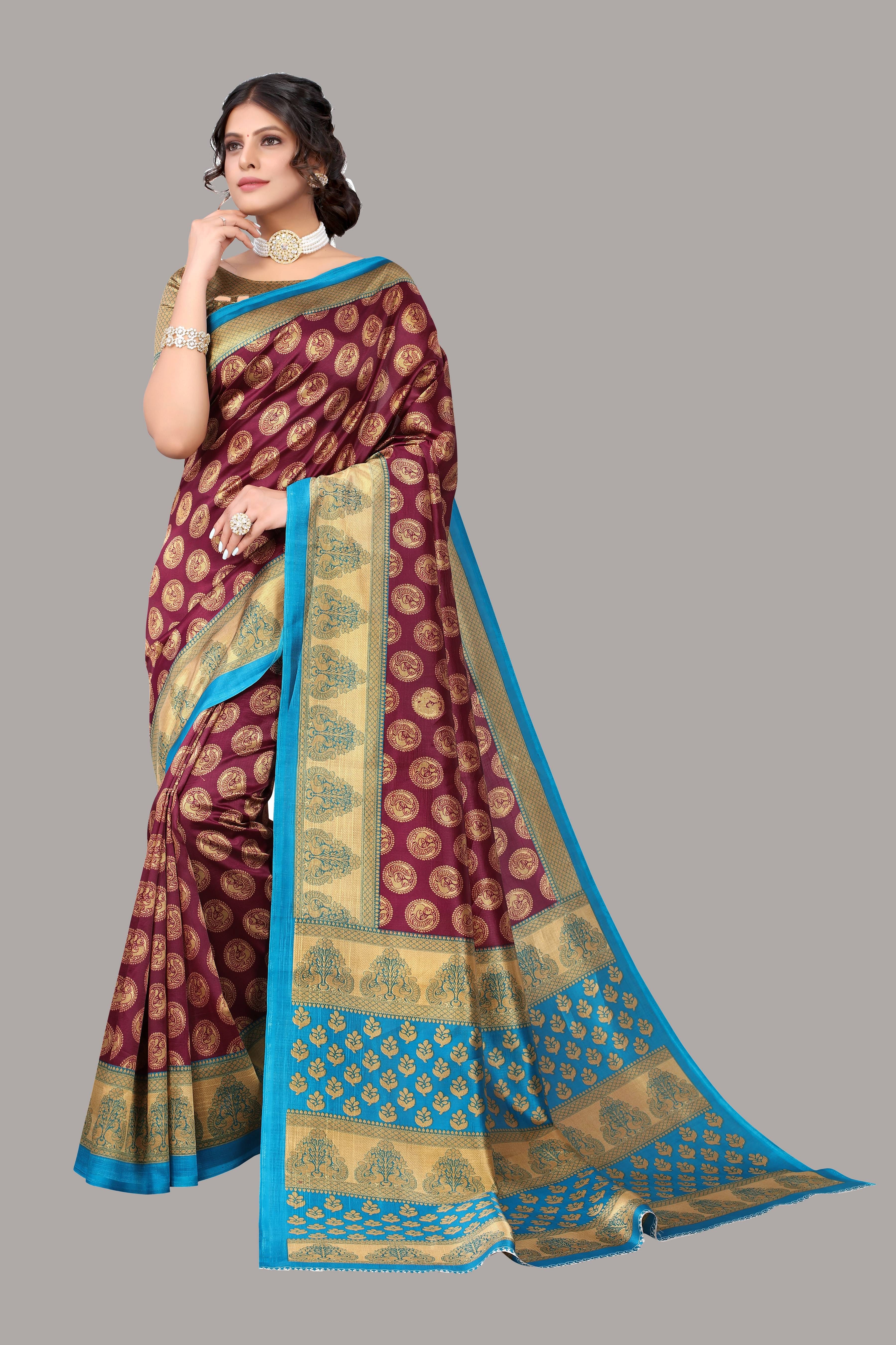     			Yashika Art Silk Printed Saree With Unstitched Blouse Piece ( Purple )