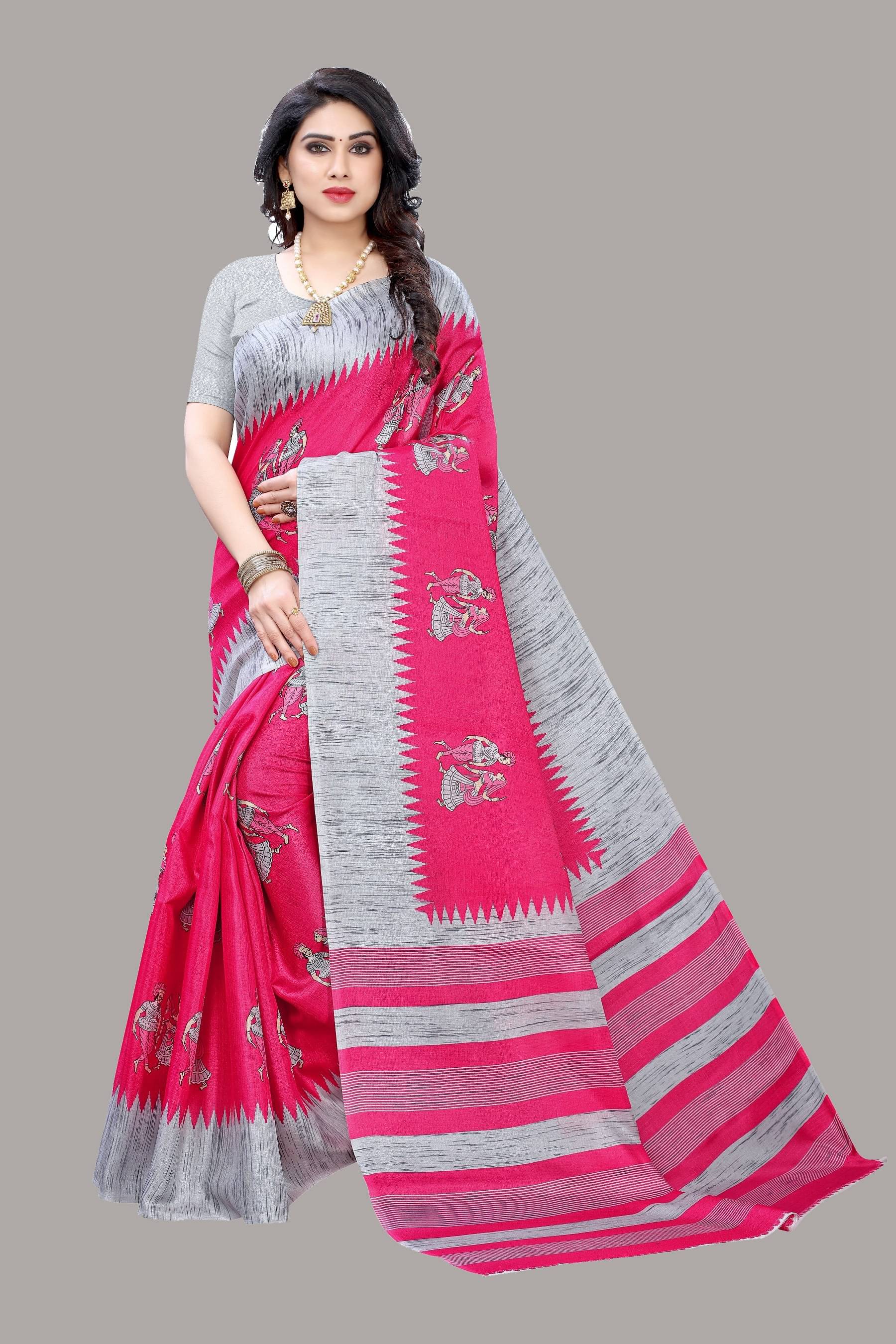     			Yashika Art Silk Printed Saree With Unstitched Blouse Piece ( Pink )