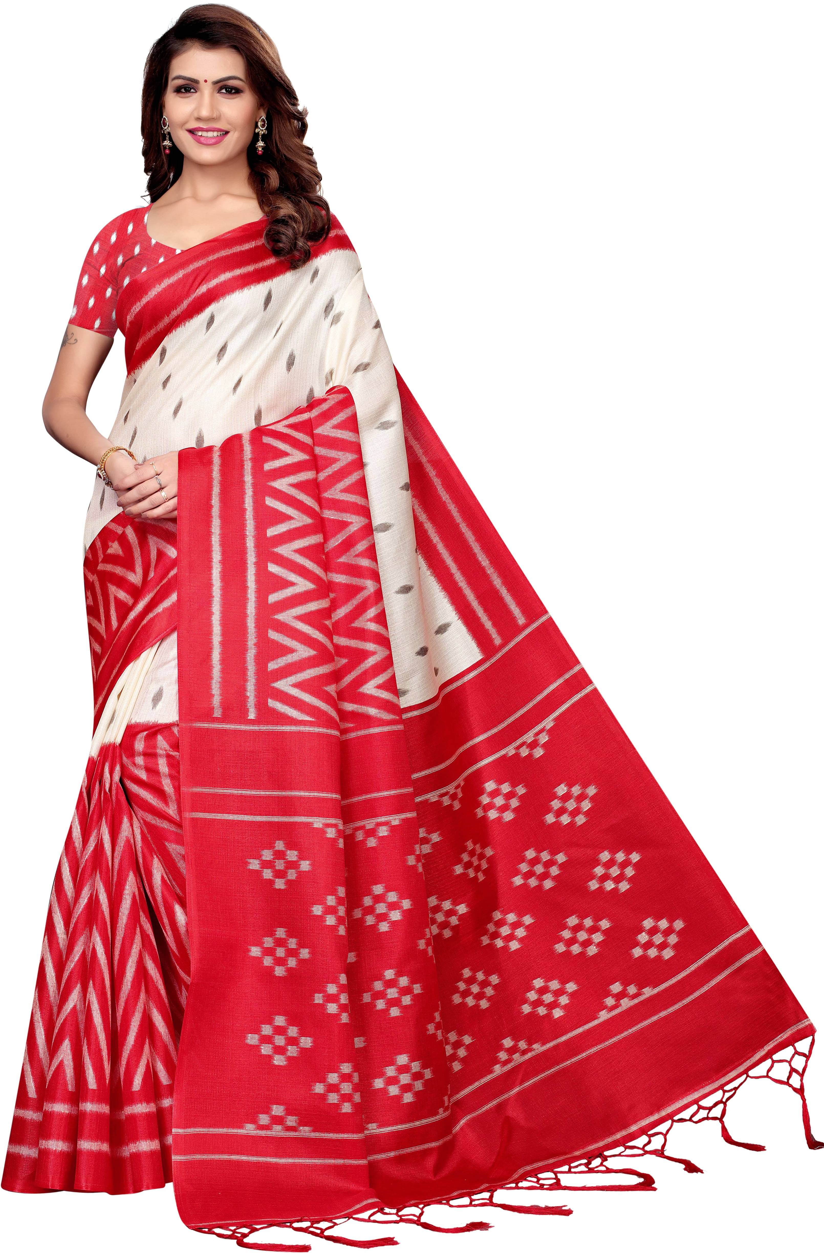 Yashika Art Silk Printed Saree With Unstitched Blouse Piece ( White ) Yashika Art Silk Printed Saree With Unstitched Blouse Piece ( White )
