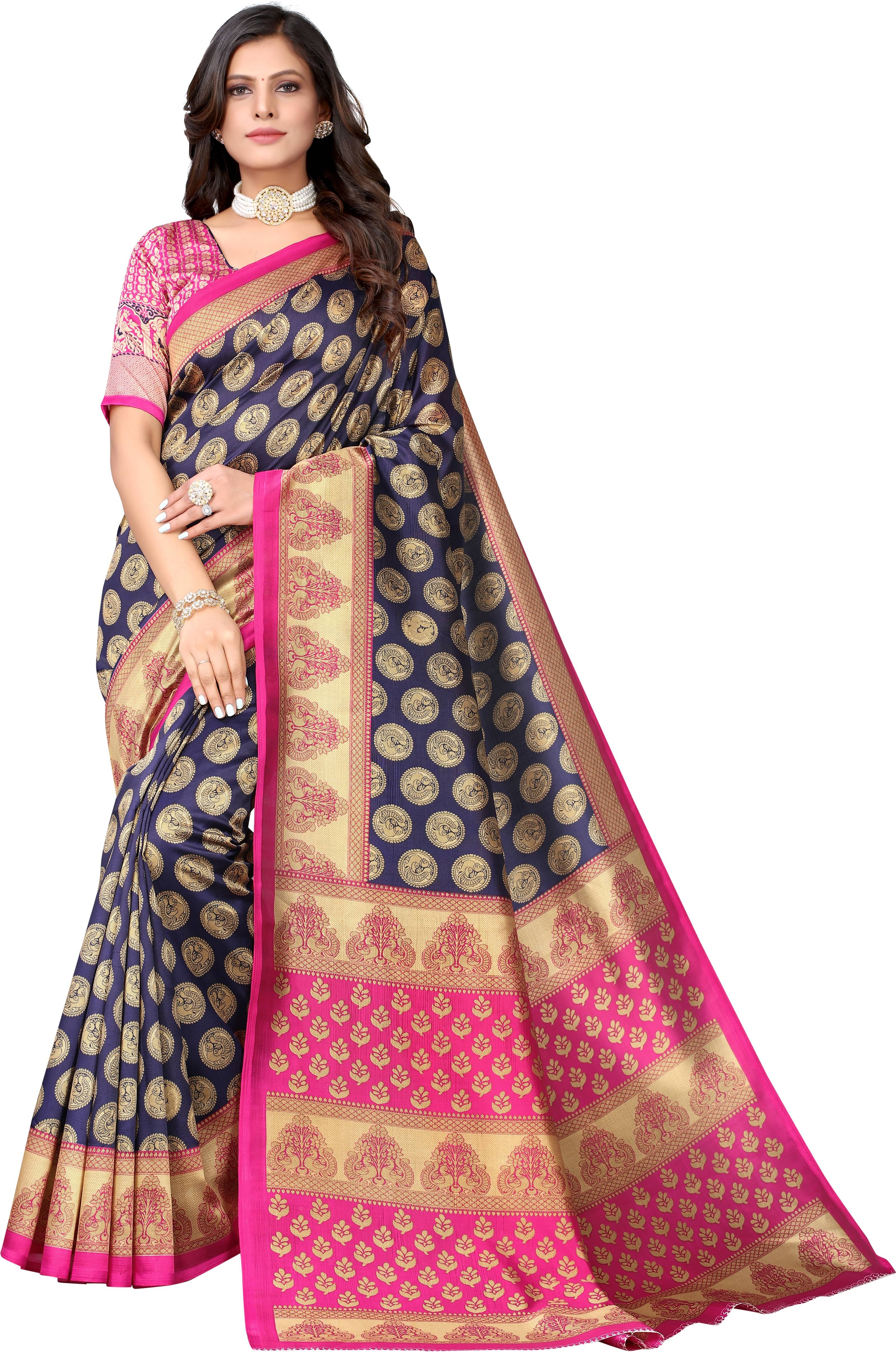     			Yashika Art Silk Printed Saree With Unstitched Blouse Piece ( Blue )