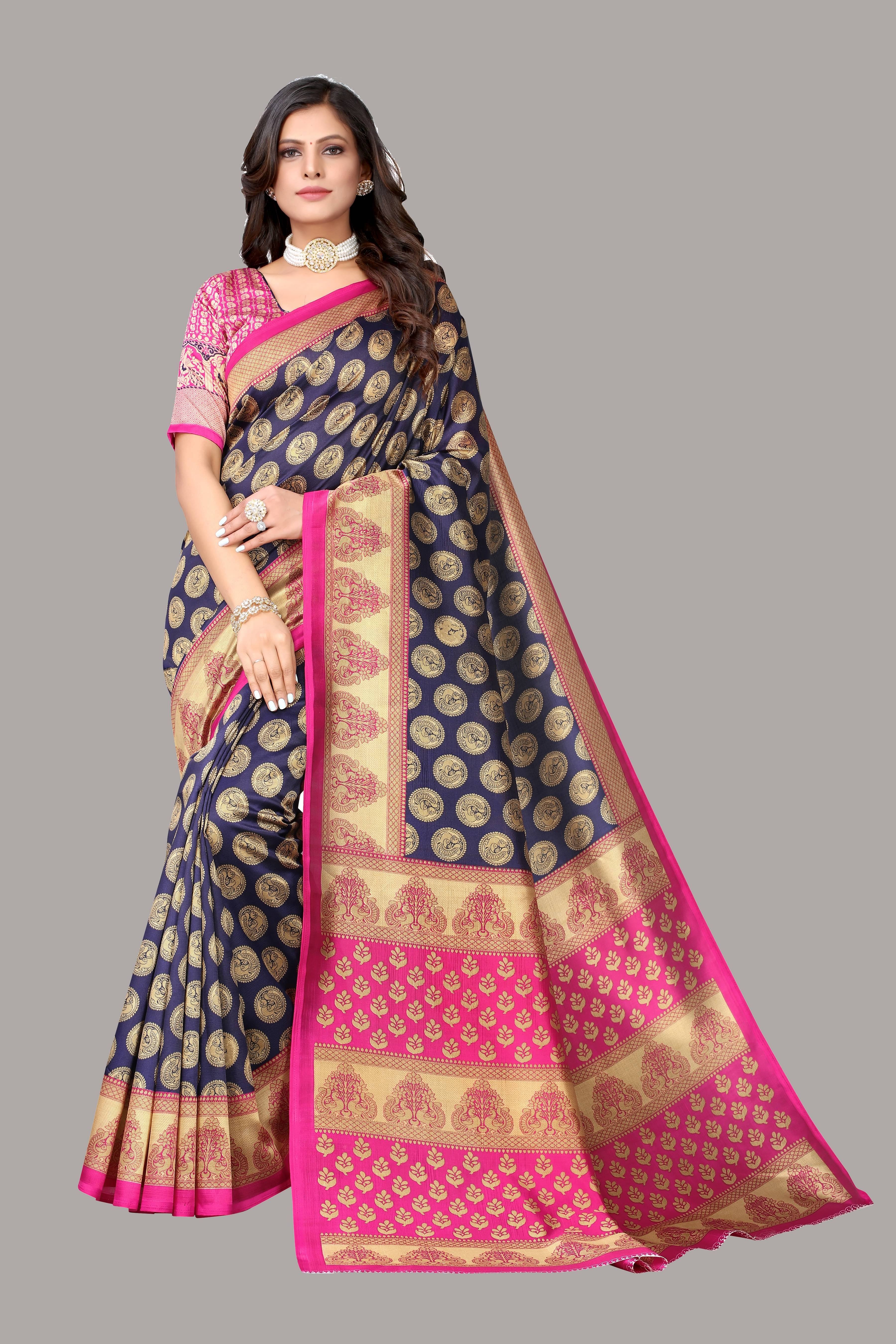 Yashika Art Silk Printed Saree With Unstitched Blouse Piece ( Blue ) Yashika Art Silk Printed Saree With Unstitched Blouse Piece ( Blue )