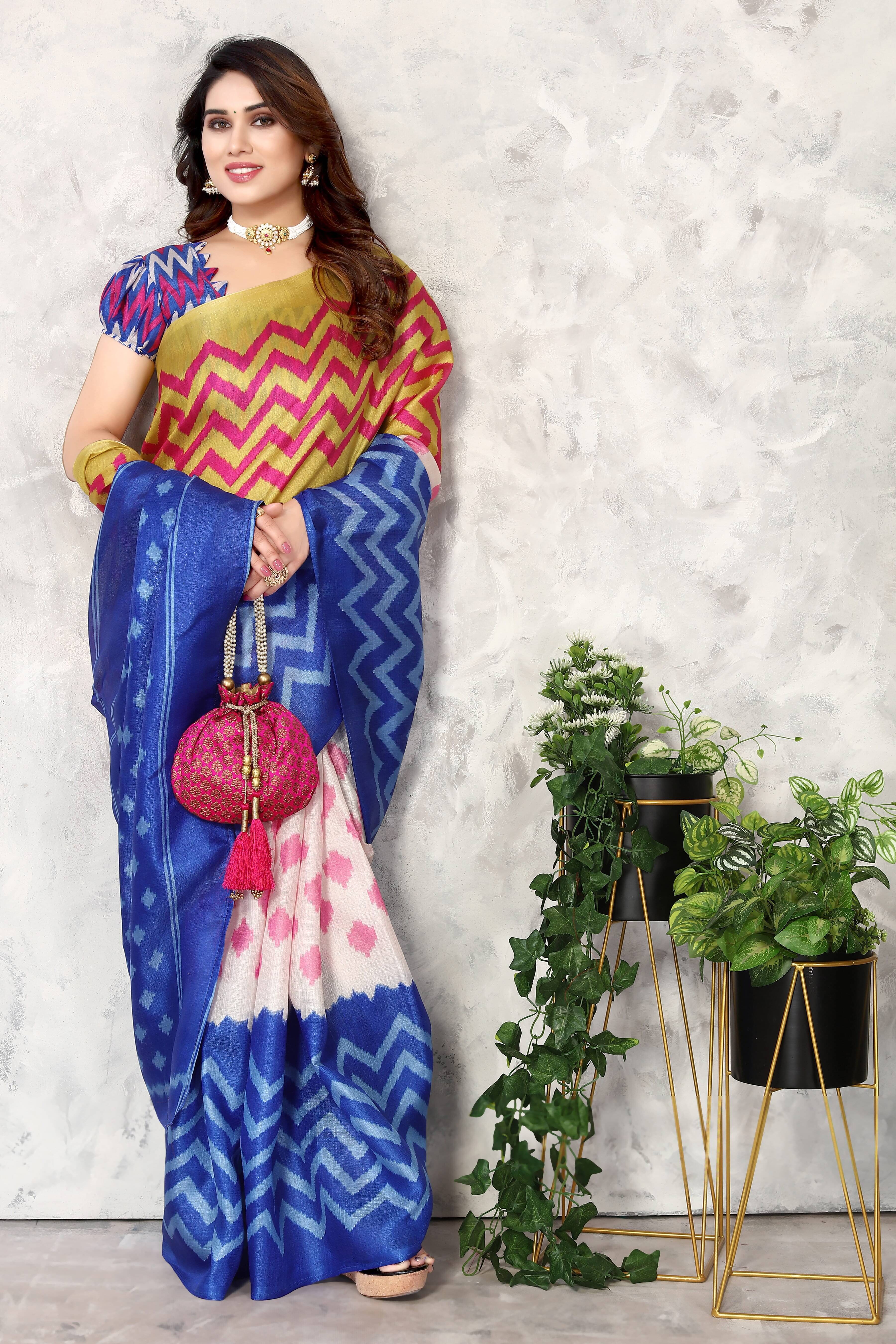     			Yashika Art Silk Printed Saree With Unstitched Blouse Piece ( Blue )