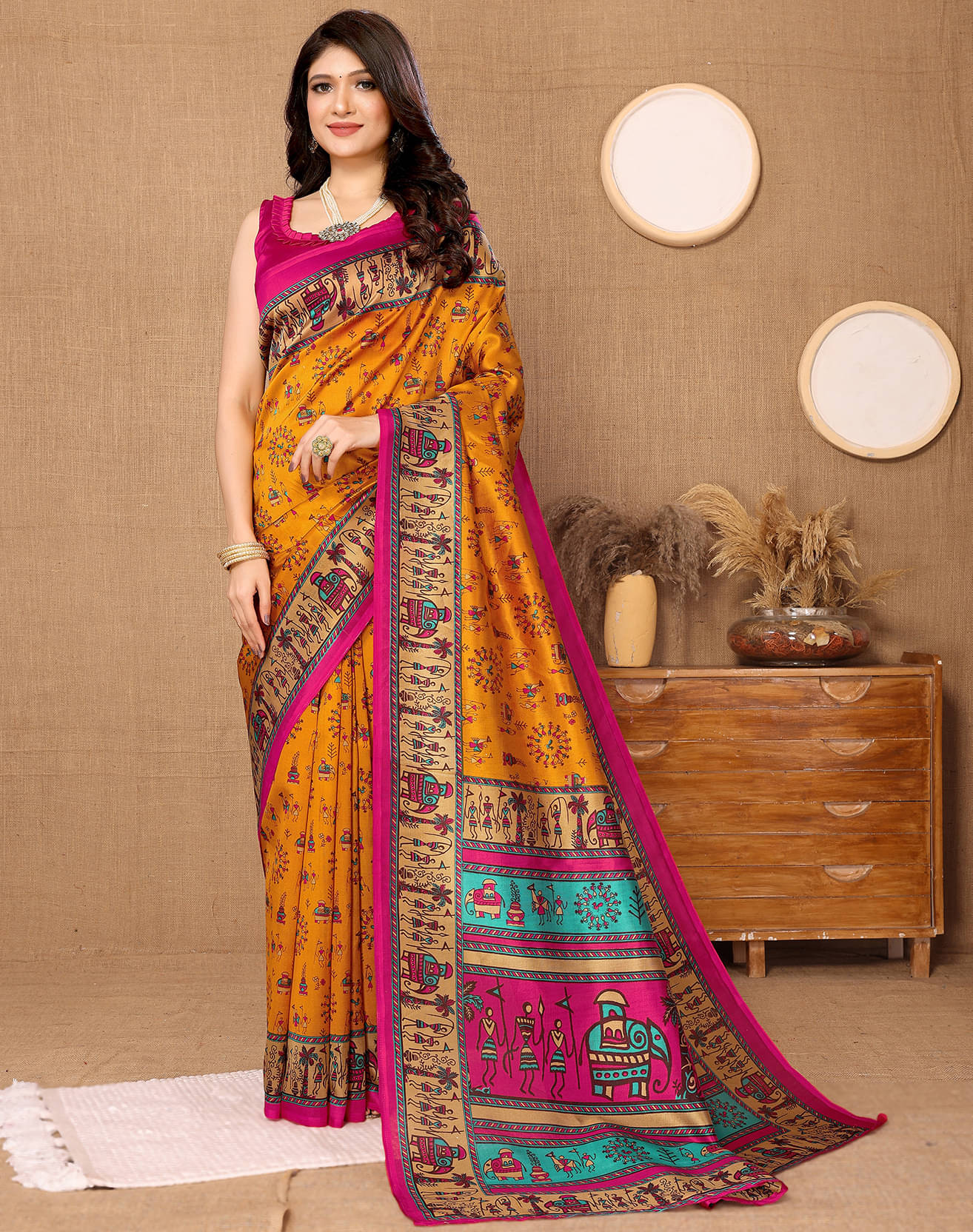 Yashika Art Silk Printed Saree With Unstitched Blouse Piece ( Yellow ) Yashika Art Silk Printed Saree With Unstitched Blouse Piece ( Yellow )