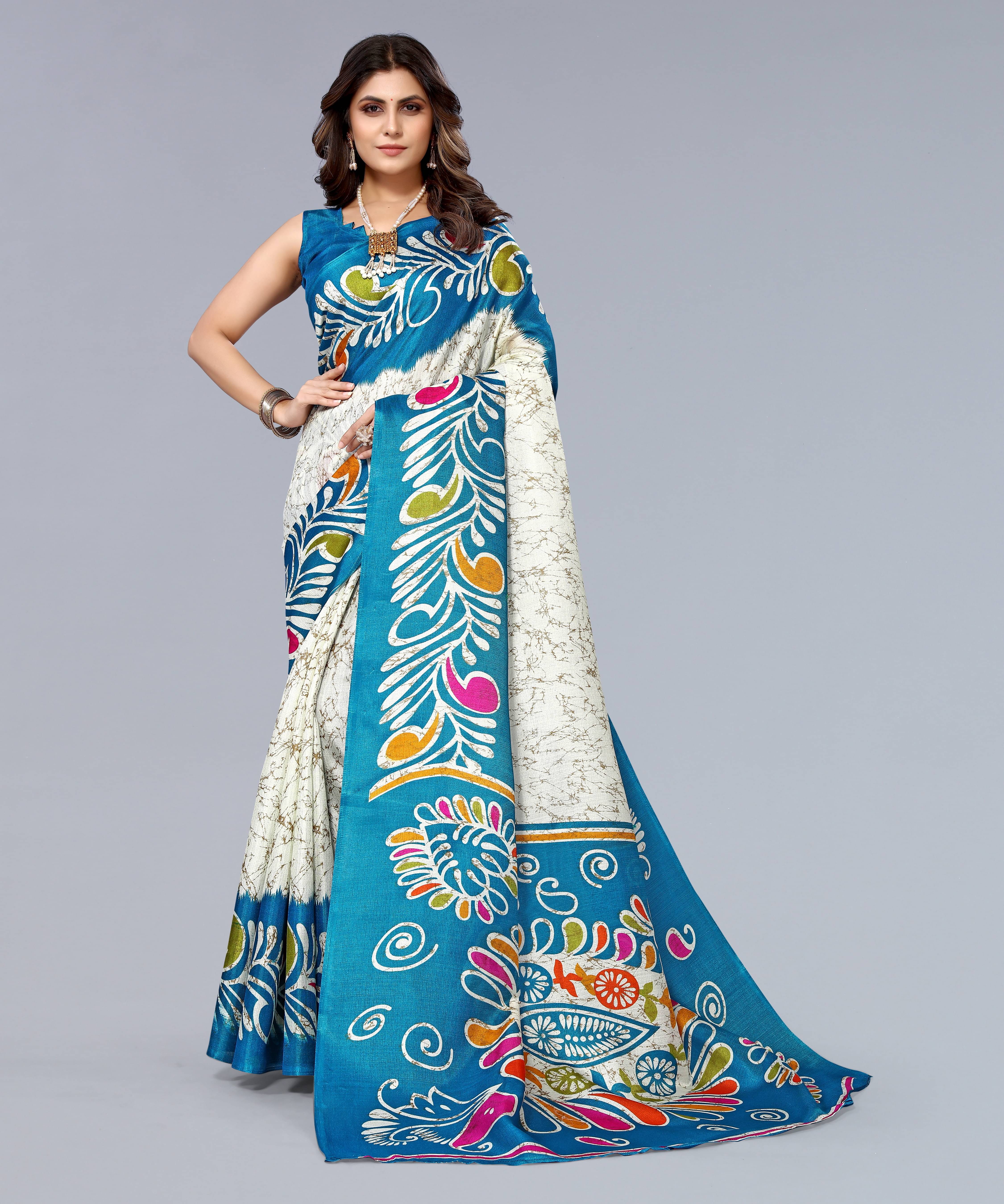     			Yashika Art Silk Printed Saree With Unstitched Blouse Piece ( White )