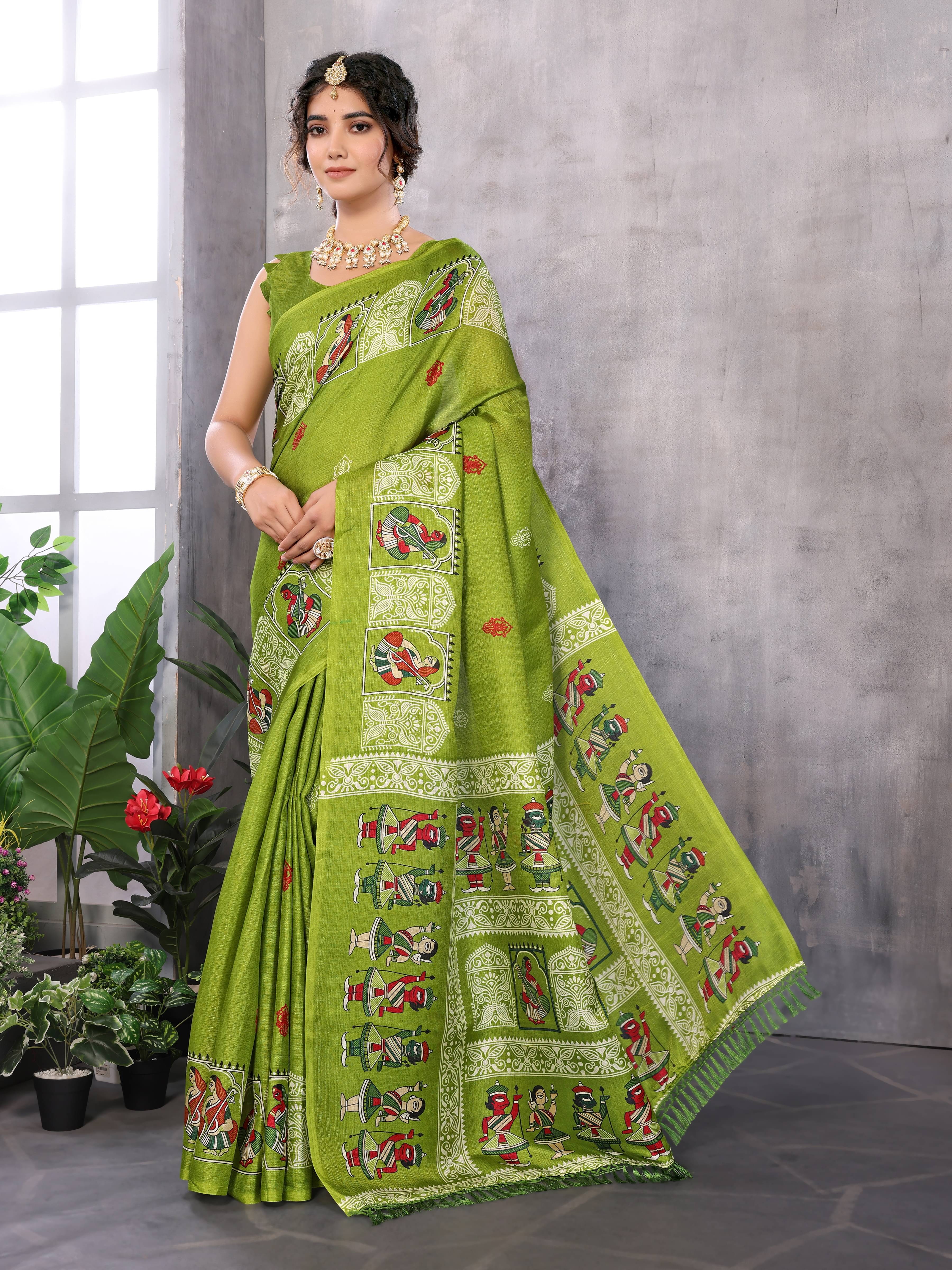 Yashika Art Silk Printed Saree With Unstitched Blouse Piece ( Green )     			Yashika Art Silk Printed Saree With Unstitched Blouse Piece ( Green )