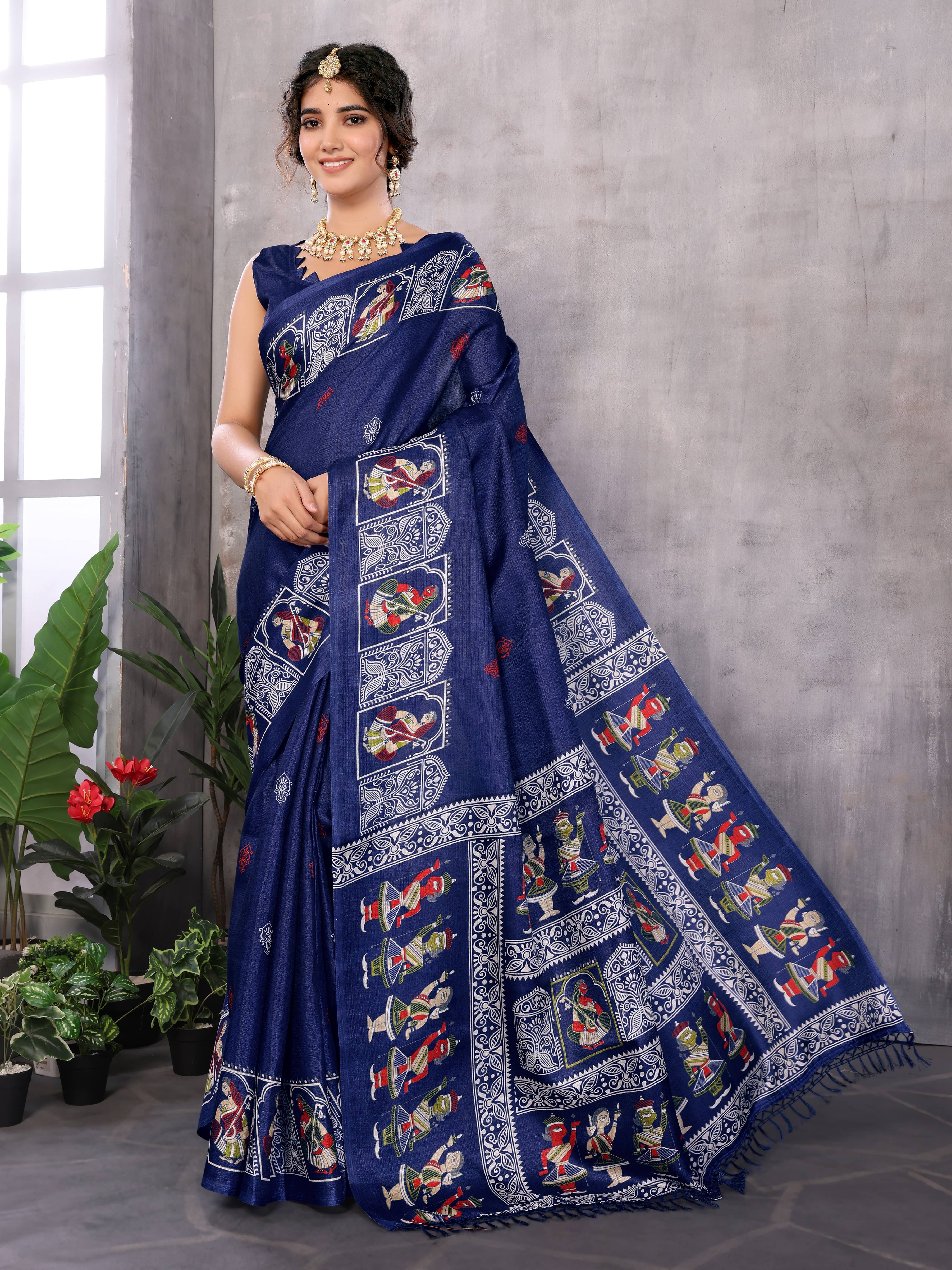 Yashika Art Silk Printed Saree With Unstitched Blouse Piece ( Blue ) Yashika Art Silk Printed Saree With Unstitched Blouse Piece ( Blue )