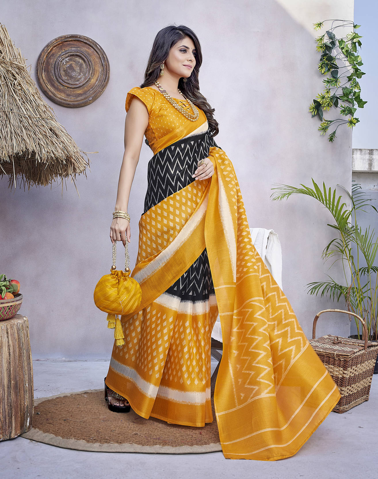     			Yashika Art Silk Printed Saree With Unstitched Blouse Piece ( Yellow )