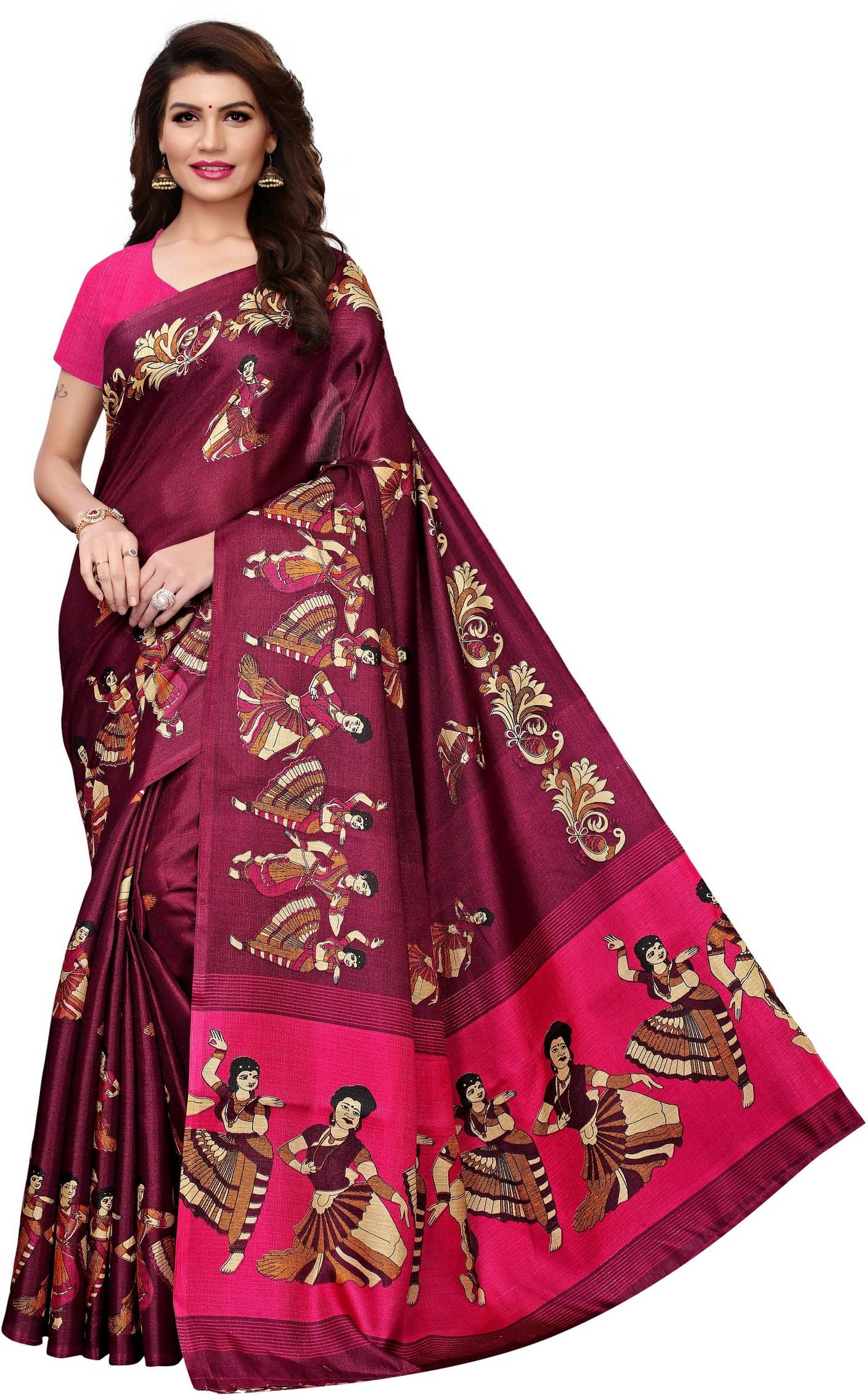 Yashika Art Silk Printed Saree With Unstitched Blouse Piece ( Maroon )     			Yashika Art Silk Printed Saree With Unstitched Blouse Piece ( Maroon )