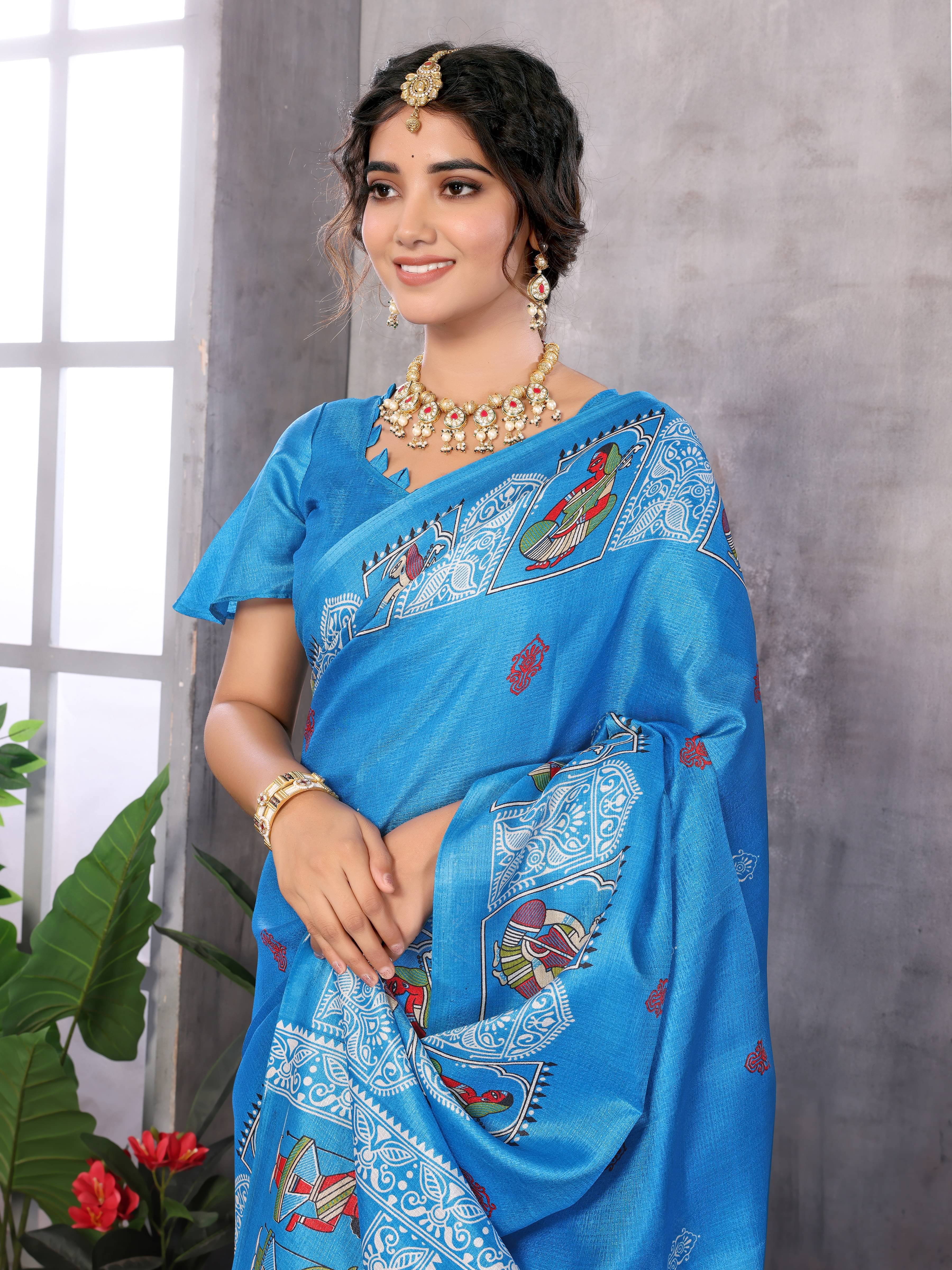 Yashika Art Silk Printed Saree With Unstitched Blouse Piece ( Blue ) Yashika Art Silk Printed Saree With Unstitched Blouse Piece ( Blue )