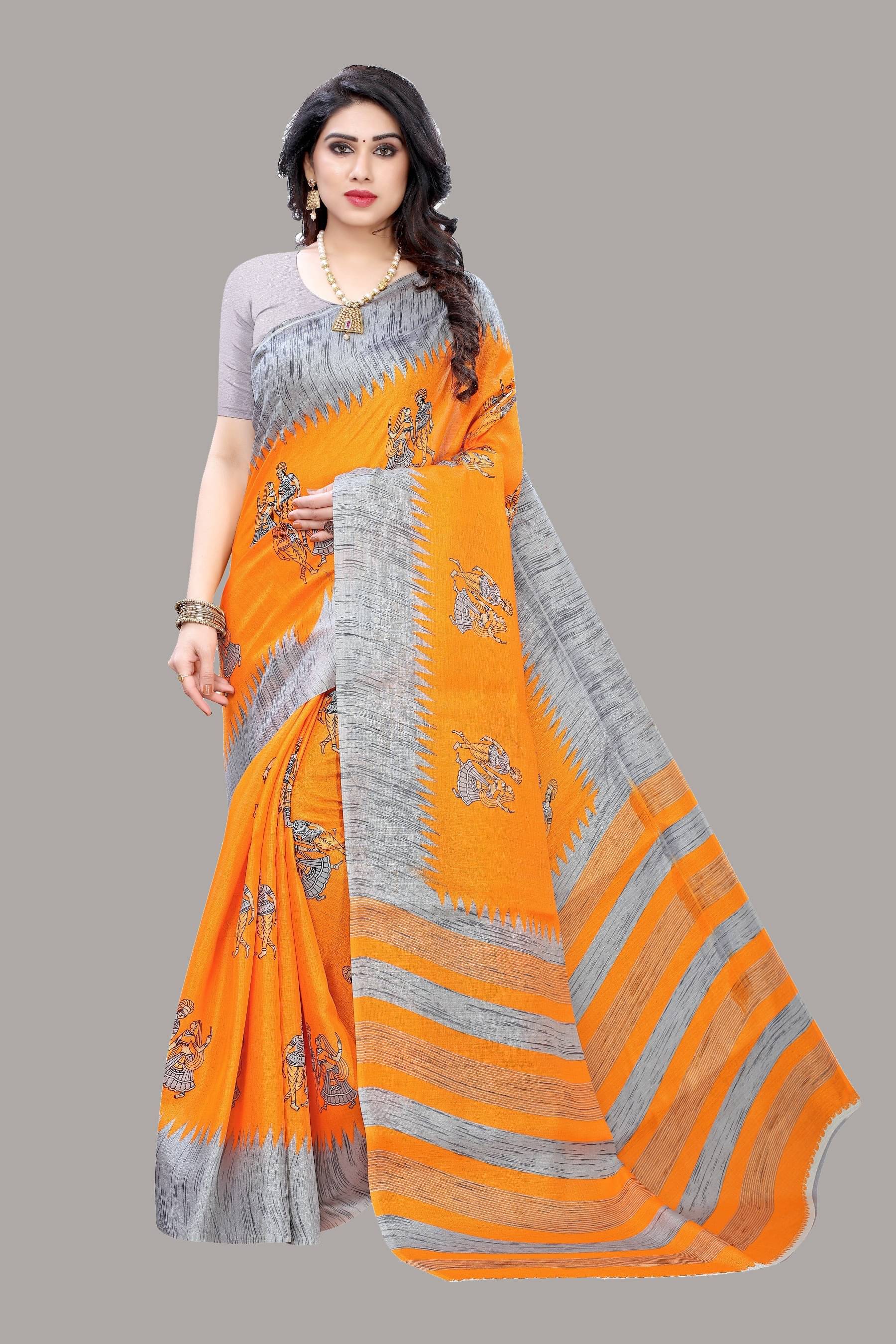     			Yashika Art Silk Printed Saree With Unstitched Blouse Piece ( Orange )