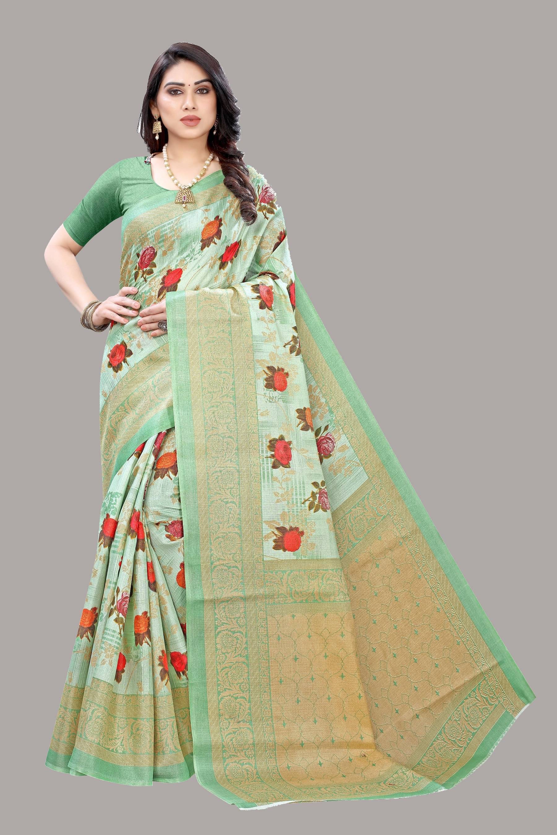     			Yashika Art Silk Printed Saree With Unstitched Blouse Piece ( Green )