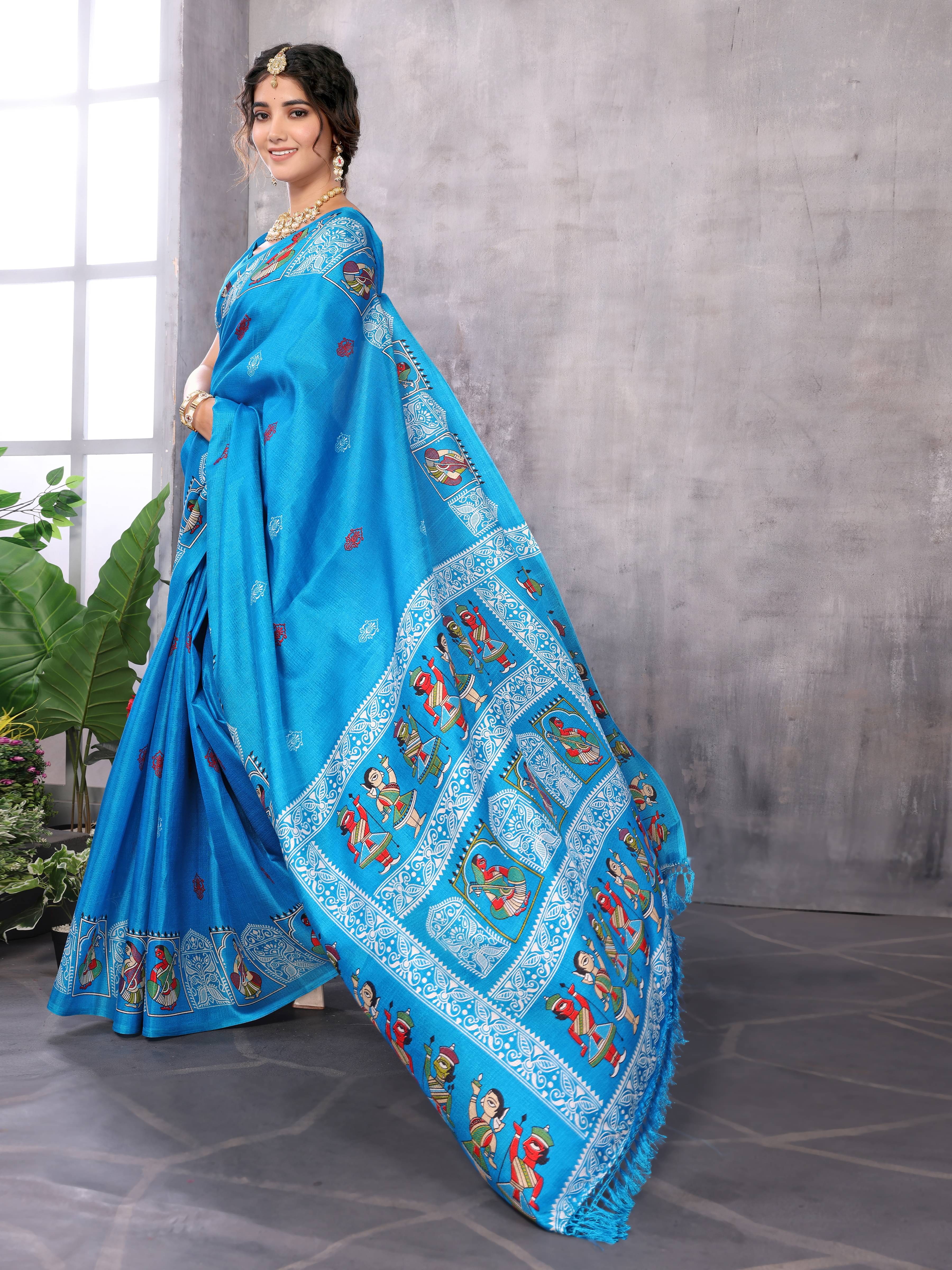     			Yashika Art Silk Printed Saree With Unstitched Blouse Piece ( Blue )