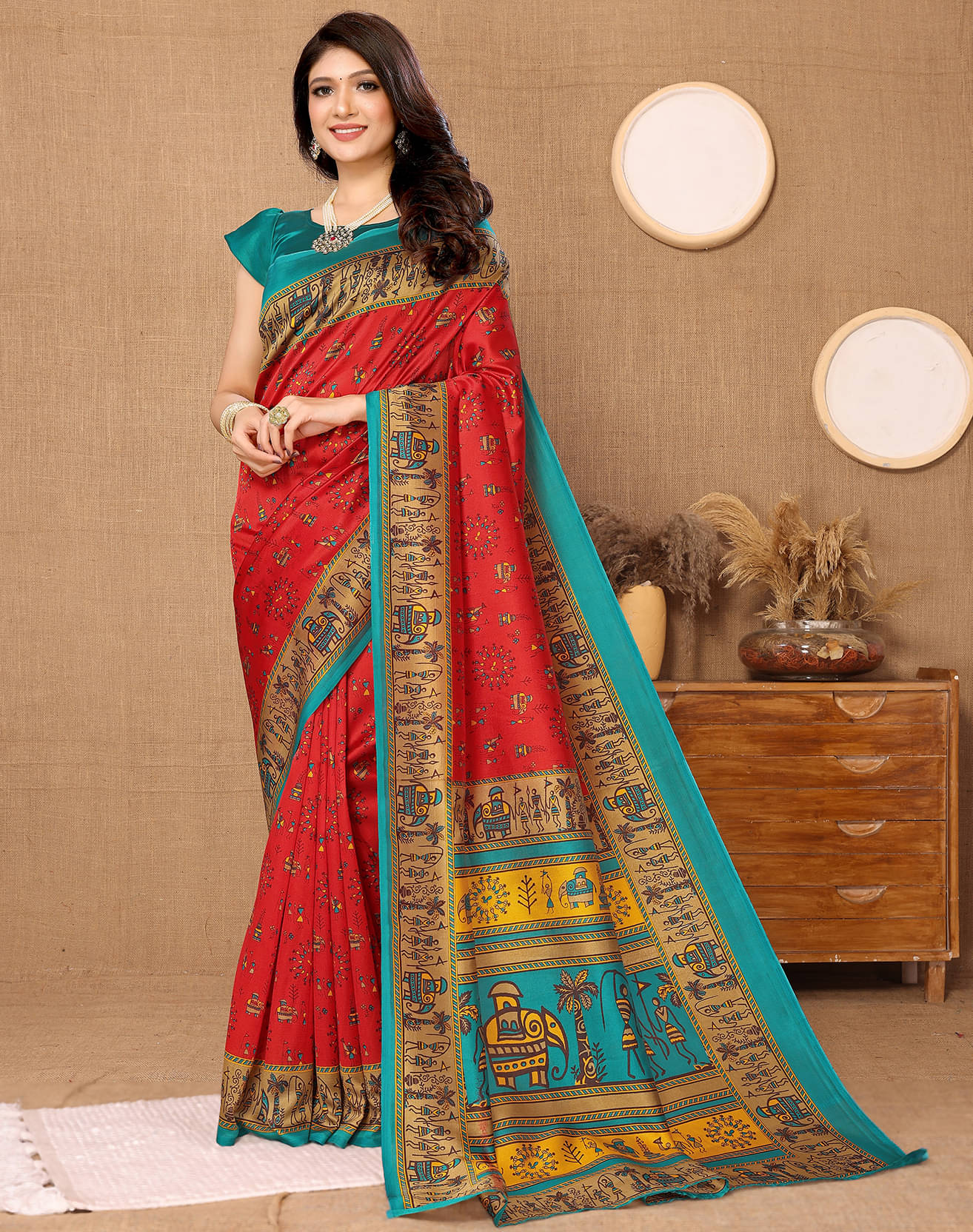 Yashika Art Silk Printed Saree With Unstitched Blouse Piece ( Red ) Yashika Art Silk Printed Saree With Unstitched Blouse Piece ( Red )