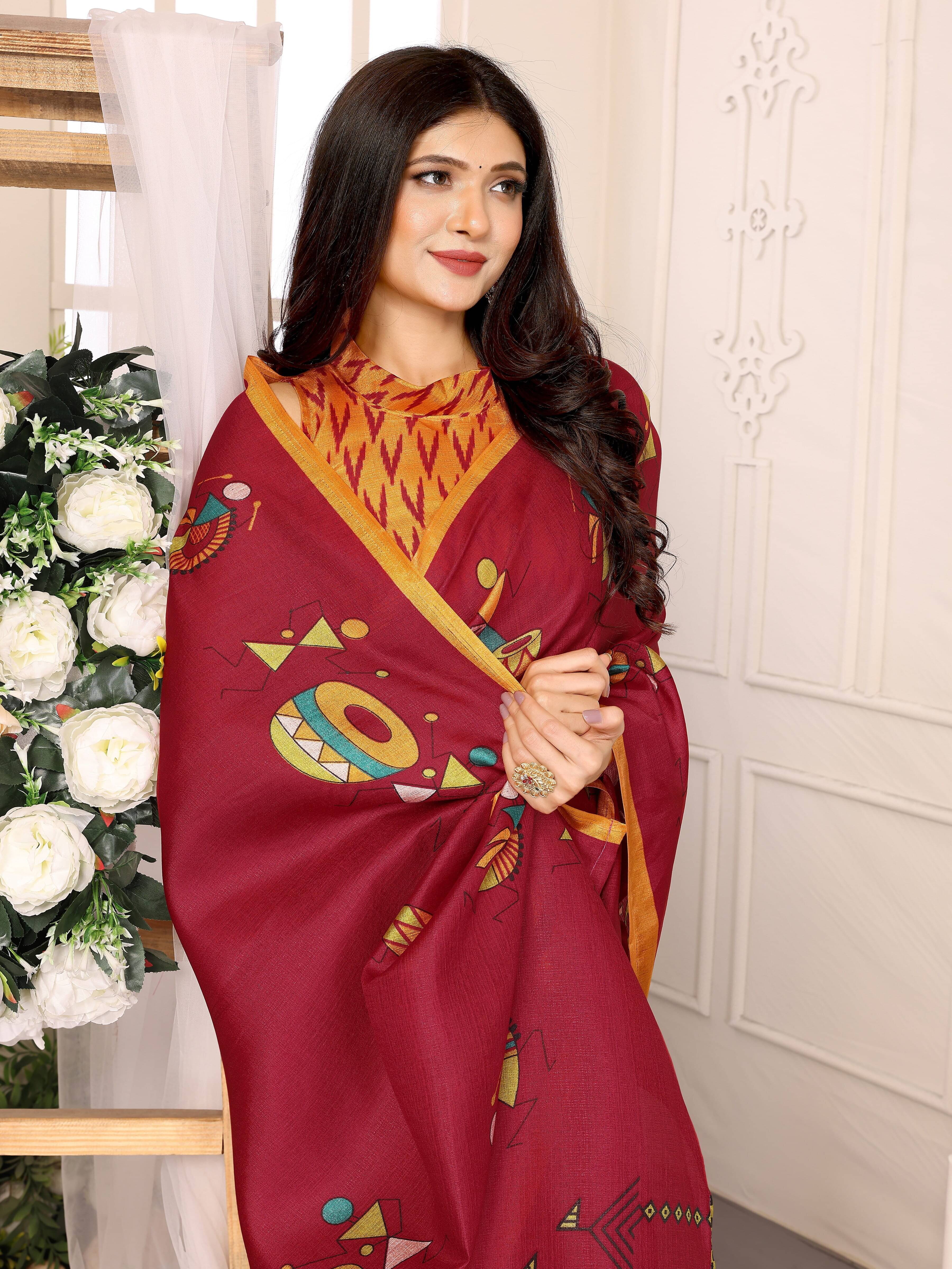 Yashika Art Silk Printed Saree With Unstitched Blouse Piece ( Maroon ) Yashika Art Silk Printed Saree With Unstitched Blouse Piece ( Maroon )