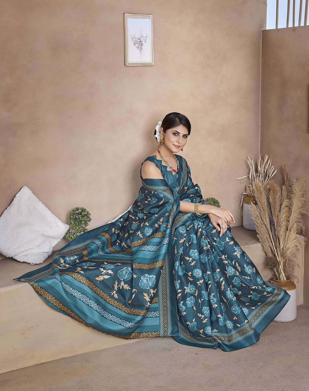 Yashika Art Silk Printed Saree With Unstitched Blouse Piece ( Blue ) Yashika Art Silk Printed Saree With Unstitched Blouse Piece ( Blue )