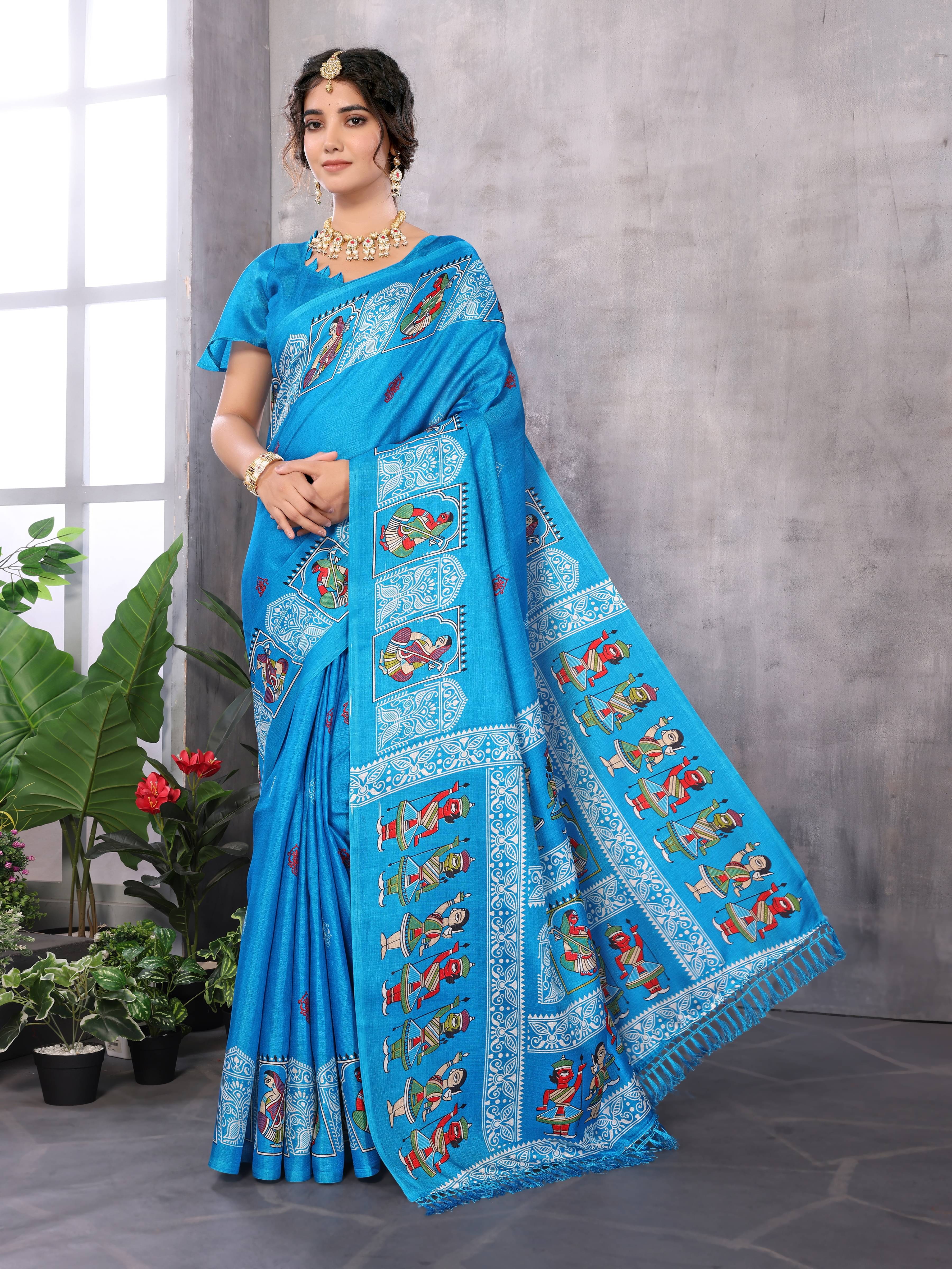     			Yashika Art Silk Printed Saree With Unstitched Blouse Piece ( Blue )
