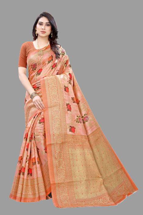 Yashika Art Silk Printed Saree With Unstitched Blouse Piece ( Orange ) Yashika Art Silk Printed Saree With Unstitched Blouse Piece ( Orange )