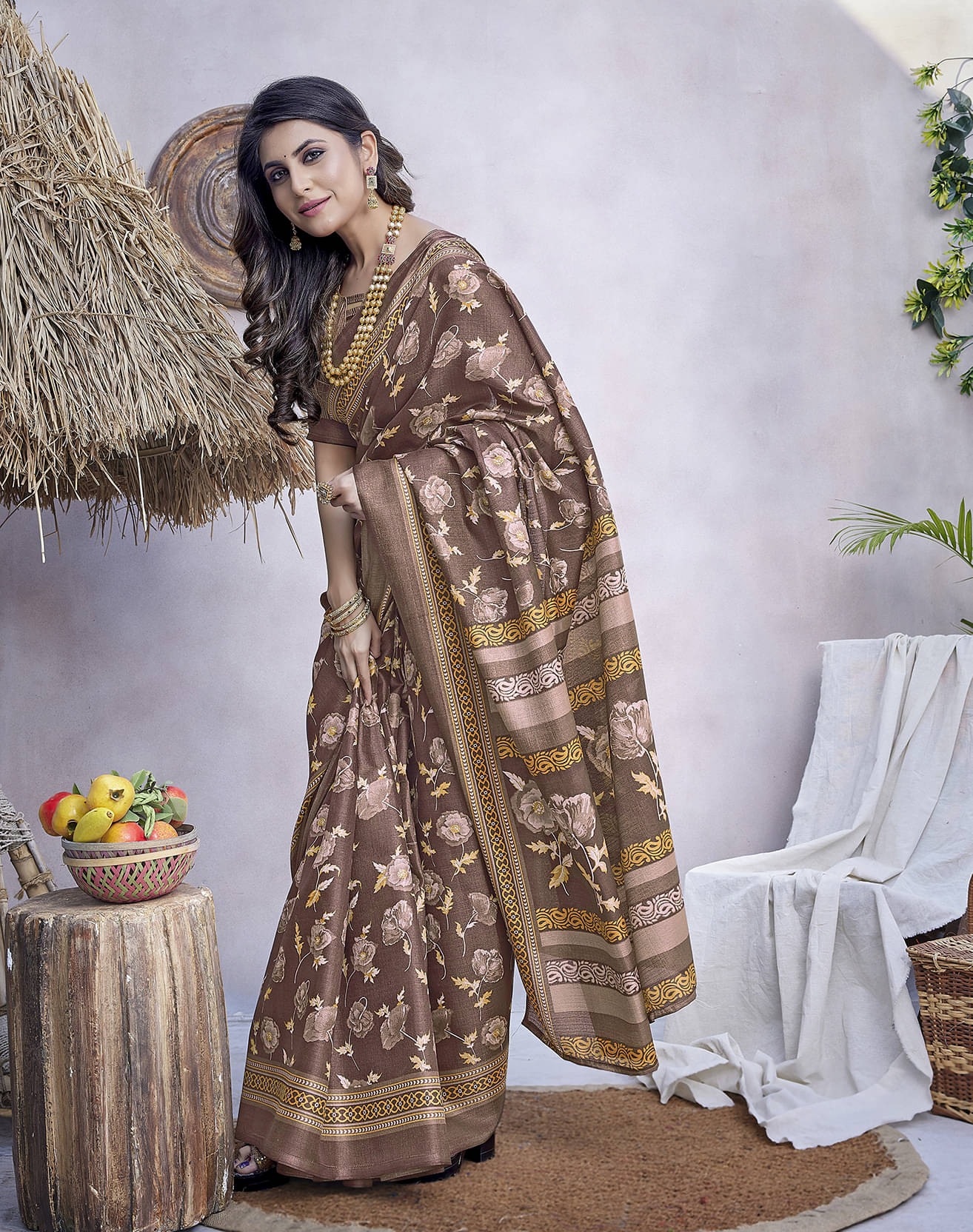 Yashika Art Silk Printed Saree With Unstitched Blouse Piece ( Brown ) Yashika Art Silk Printed Saree With Unstitched Blouse Piece ( Brown )