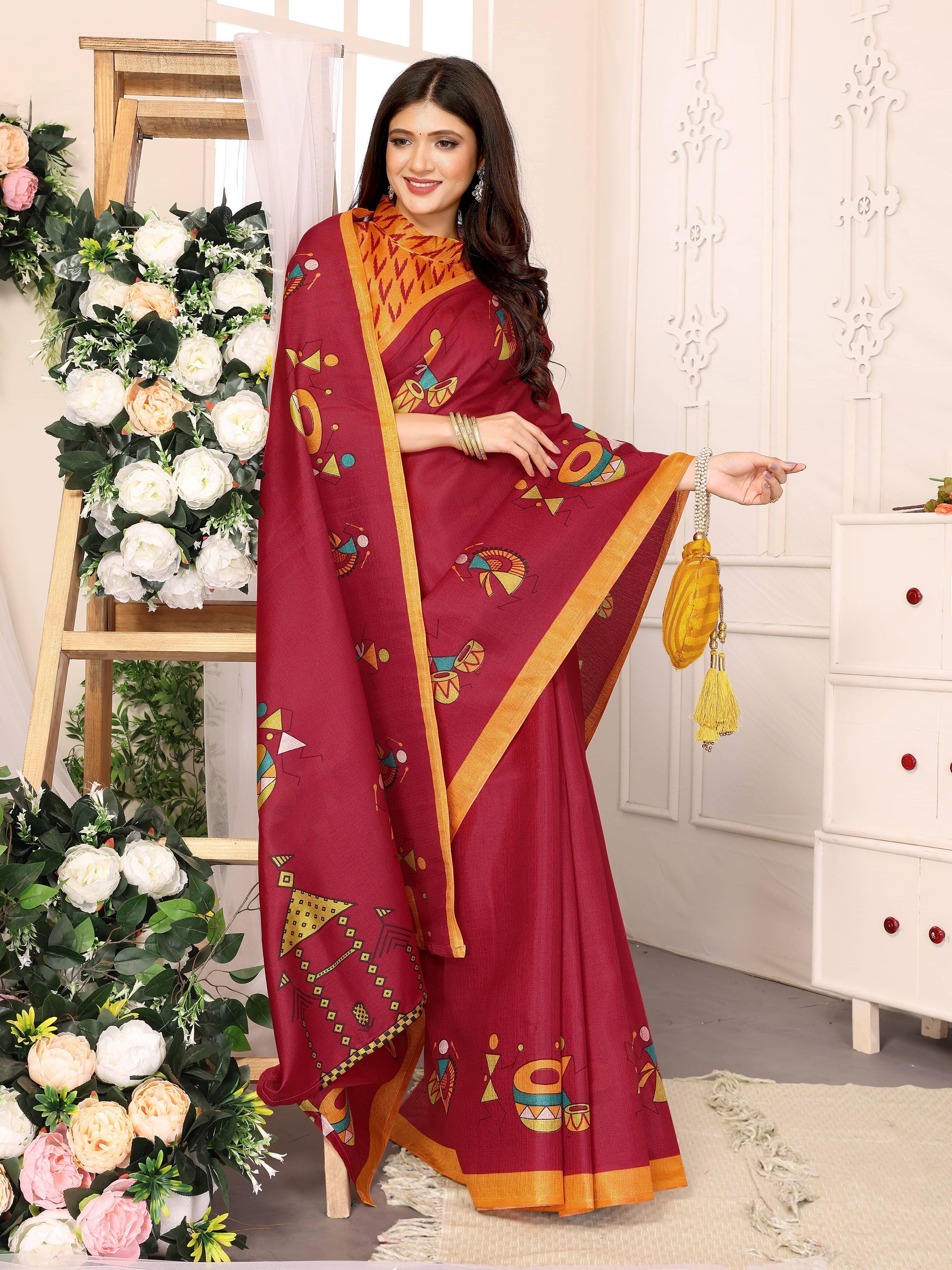     			Yashika Art Silk Printed Saree With Unstitched Blouse Piece ( Maroon )