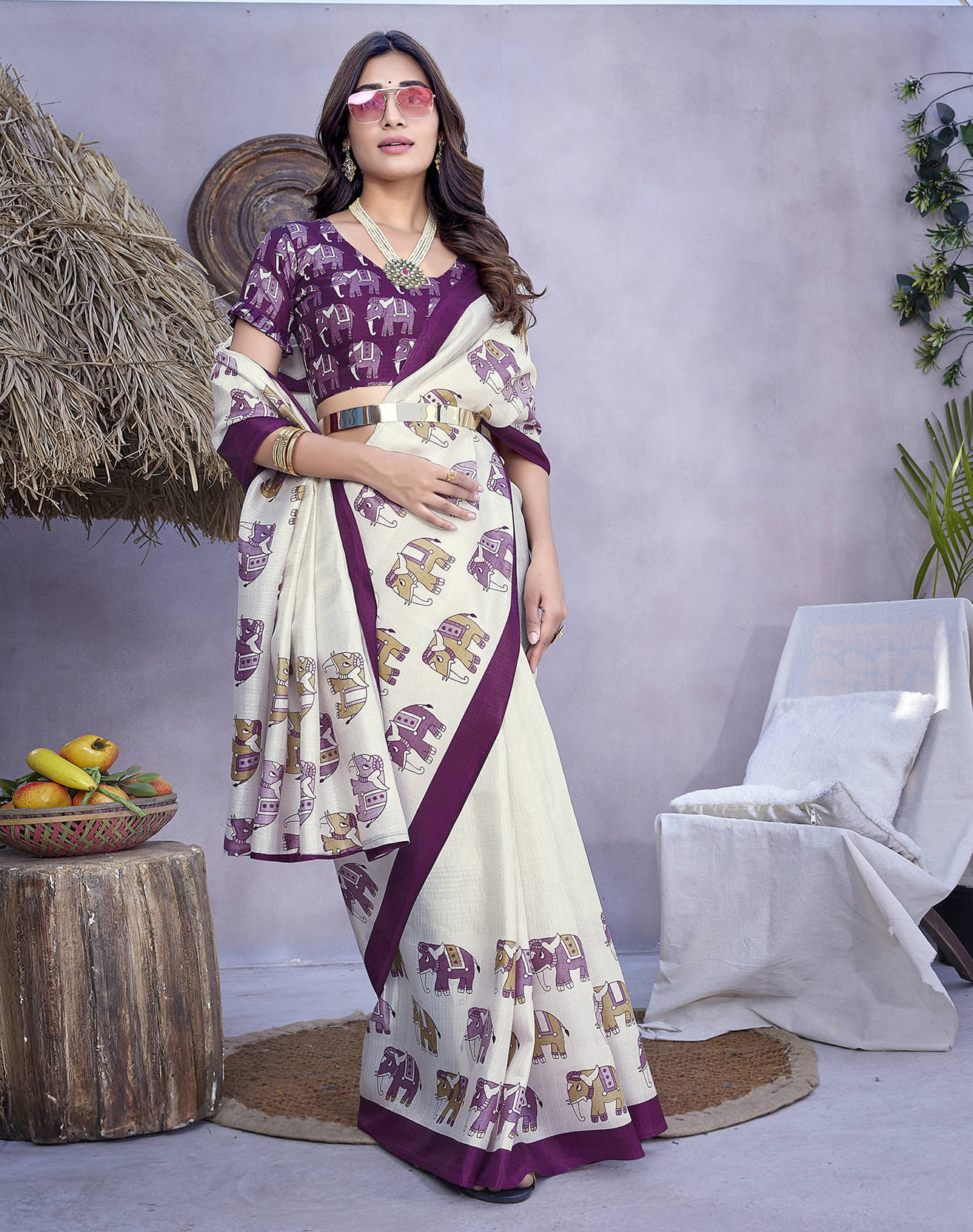 Yashika Art Silk Printed Saree With Unstitched Blouse Piece ( Purple ) Yashika Art Silk Printed Saree With Unstitched Blouse Piece ( Purple )
