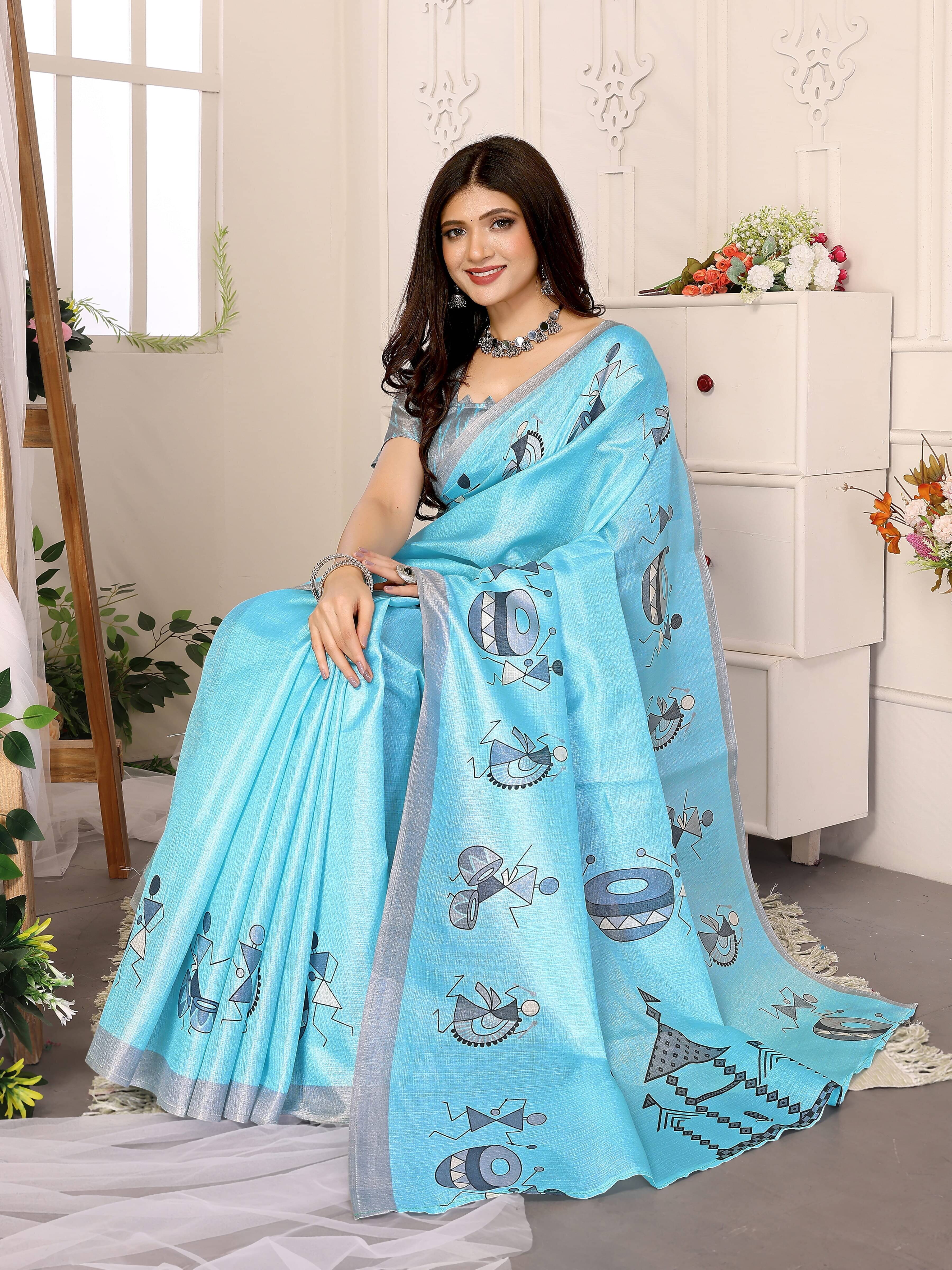 Yashika Art Silk Printed Saree With Unstitched Blouse Piece ( Blue )     			Yashika Art Silk Printed Saree With Unstitched Blouse Piece ( Blue )