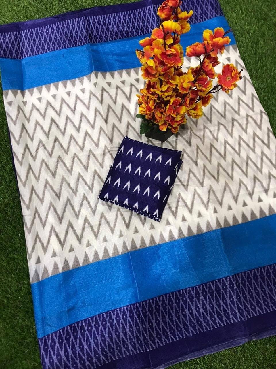 Yashika Art Silk Printed Saree With Unstitched Blouse Piece ( Blue )     			Yashika Art Silk Printed Saree With Unstitched Blouse Piece ( Blue )