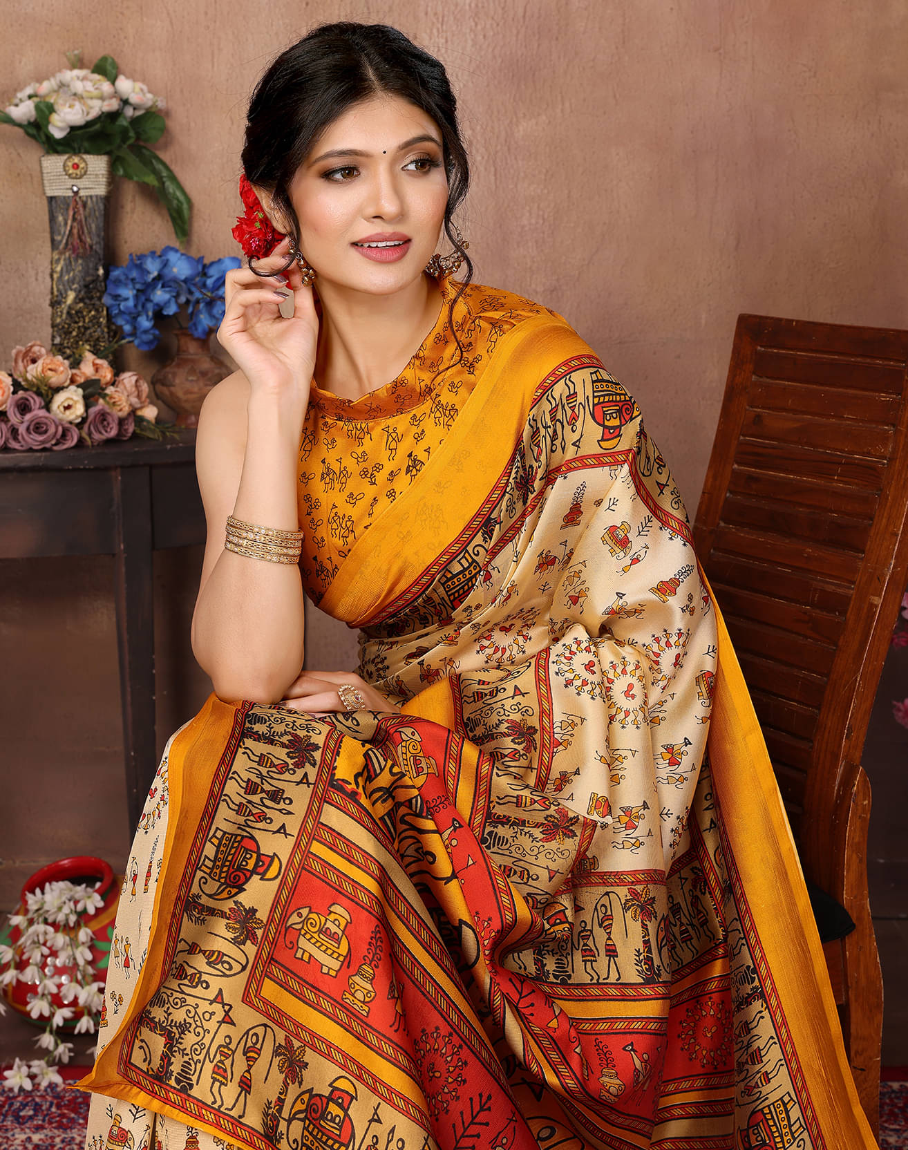 Yashika Art Silk Printed Saree With Unstitched Blouse Piece ( Yellow ) Yashika Art Silk Printed Saree With Unstitched Blouse Piece ( Yellow )