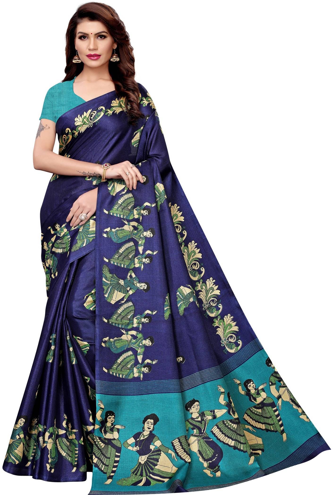     			Yashika Art Silk Printed Saree With Unstitched Blouse Piece ( Blue )