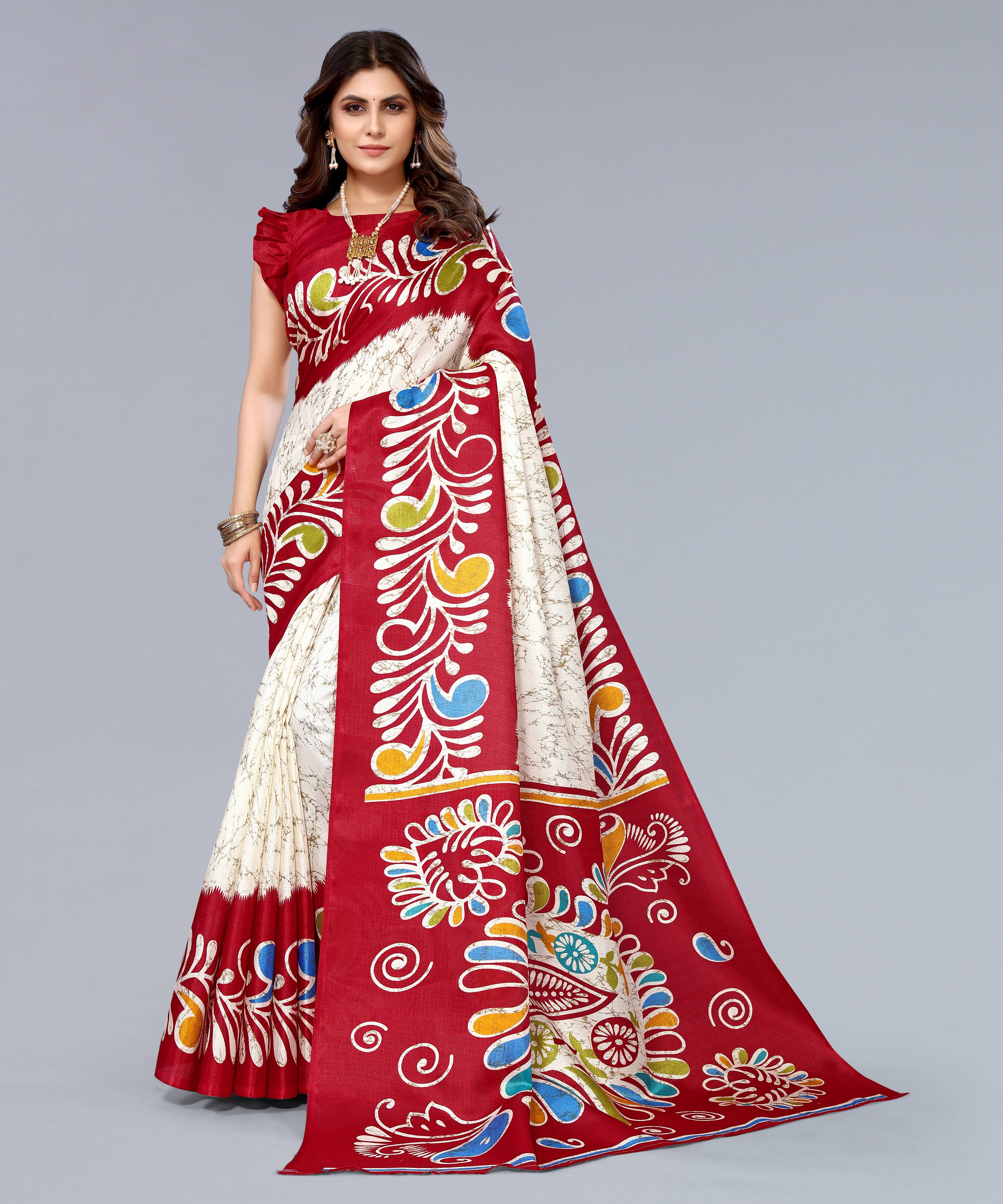 Yashika Art Silk Printed Saree With Unstitched Blouse Piece ( Red ) Yashika Art Silk Printed Saree With Unstitched Blouse Piece ( Red )