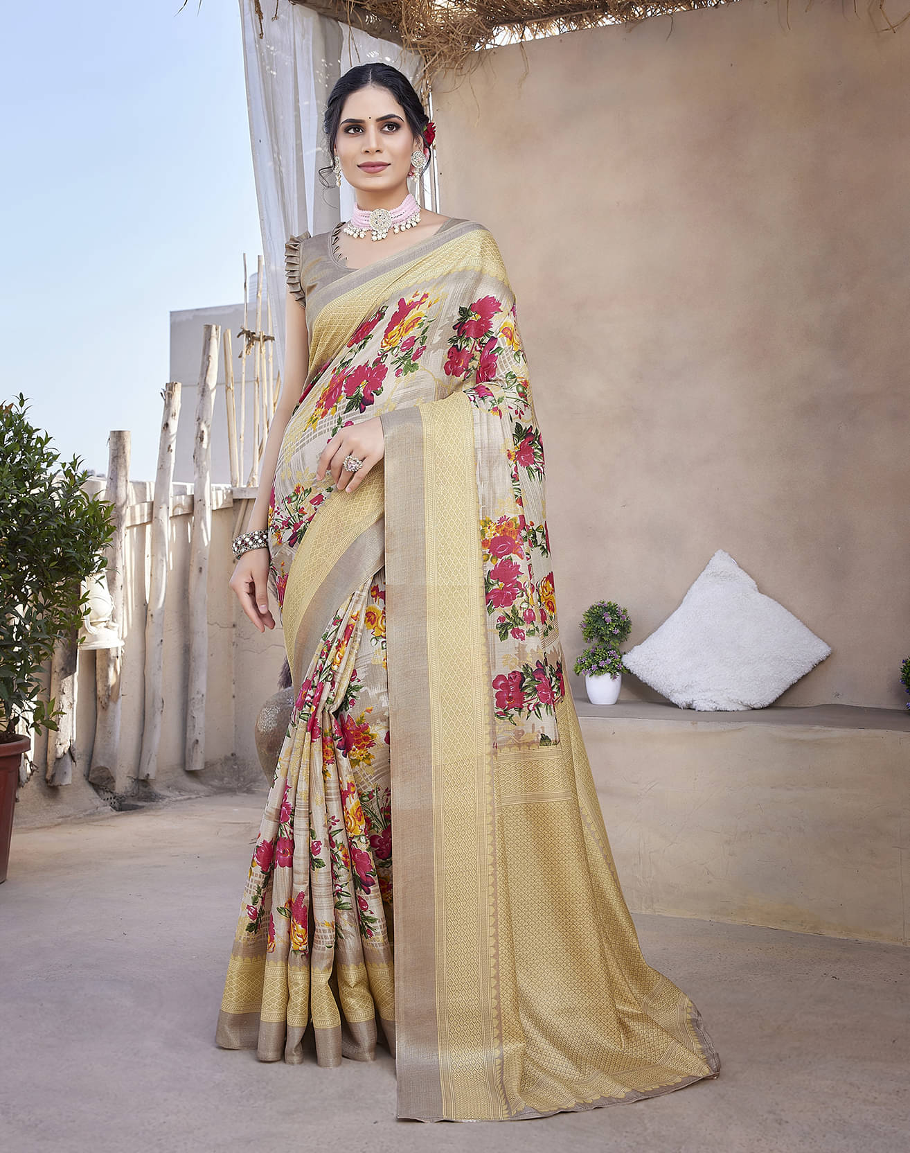 Yashika Art Silk Printed Saree With Unstitched Blouse Piece ( Yellow ) Yashika Art Silk Printed Saree With Unstitched Blouse Piece ( Yellow )