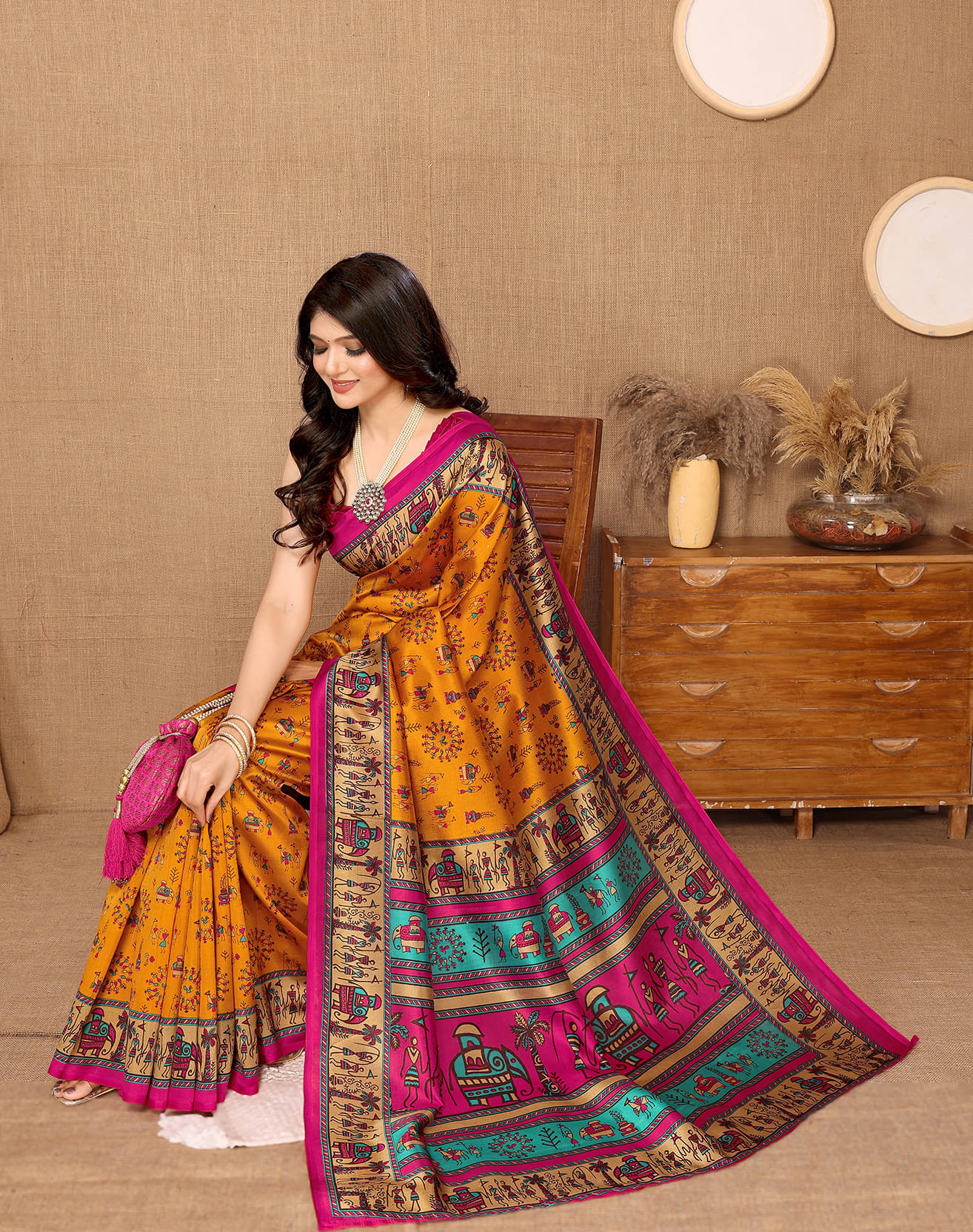     			Yashika Art Silk Printed Saree With Unstitched Blouse Piece ( Yellow )