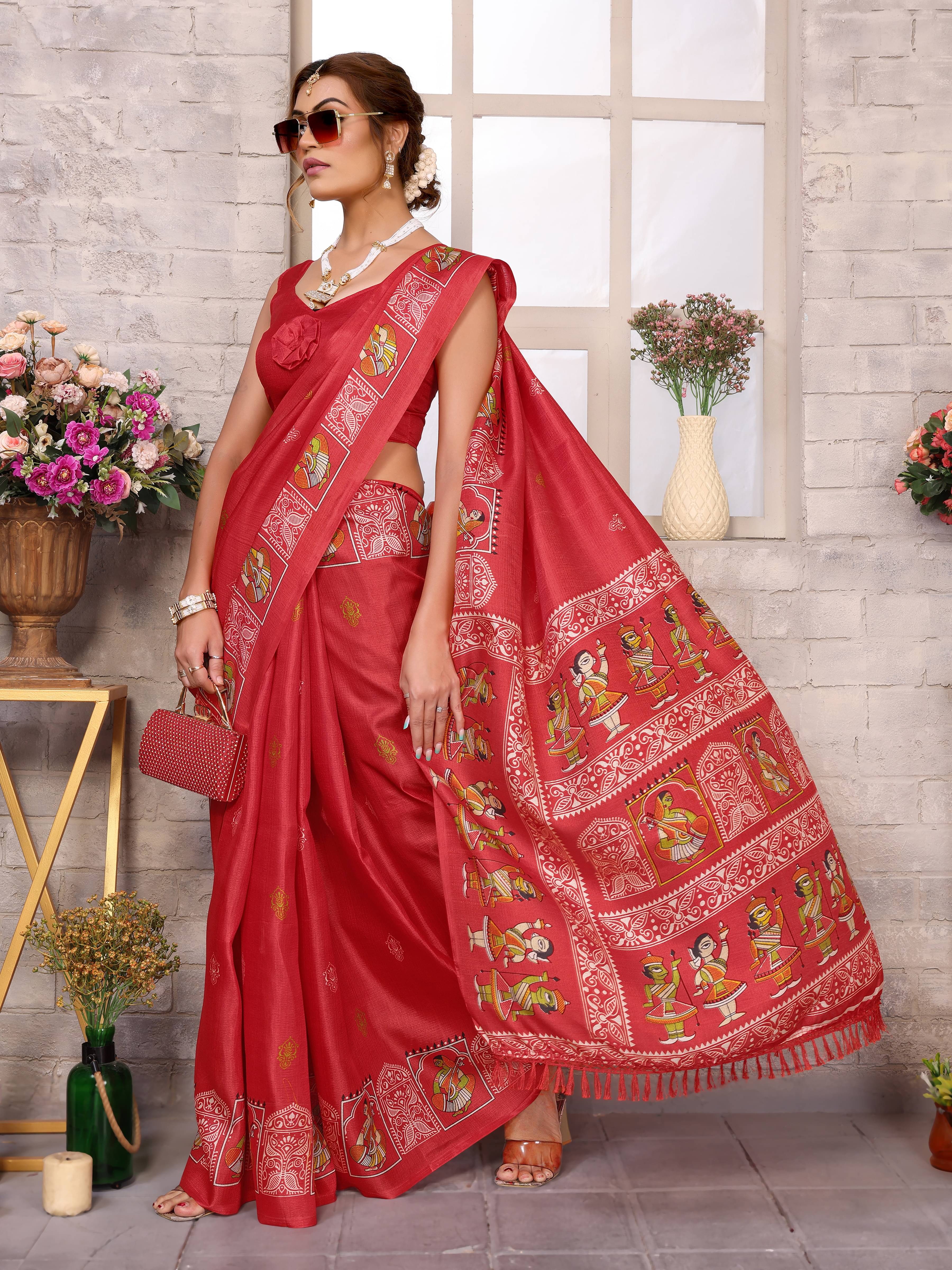 Yashika Art Silk Printed Saree With Unstitched Blouse Piece ( Red ) Yashika Art Silk Printed Saree With Unstitched Blouse Piece ( Red )