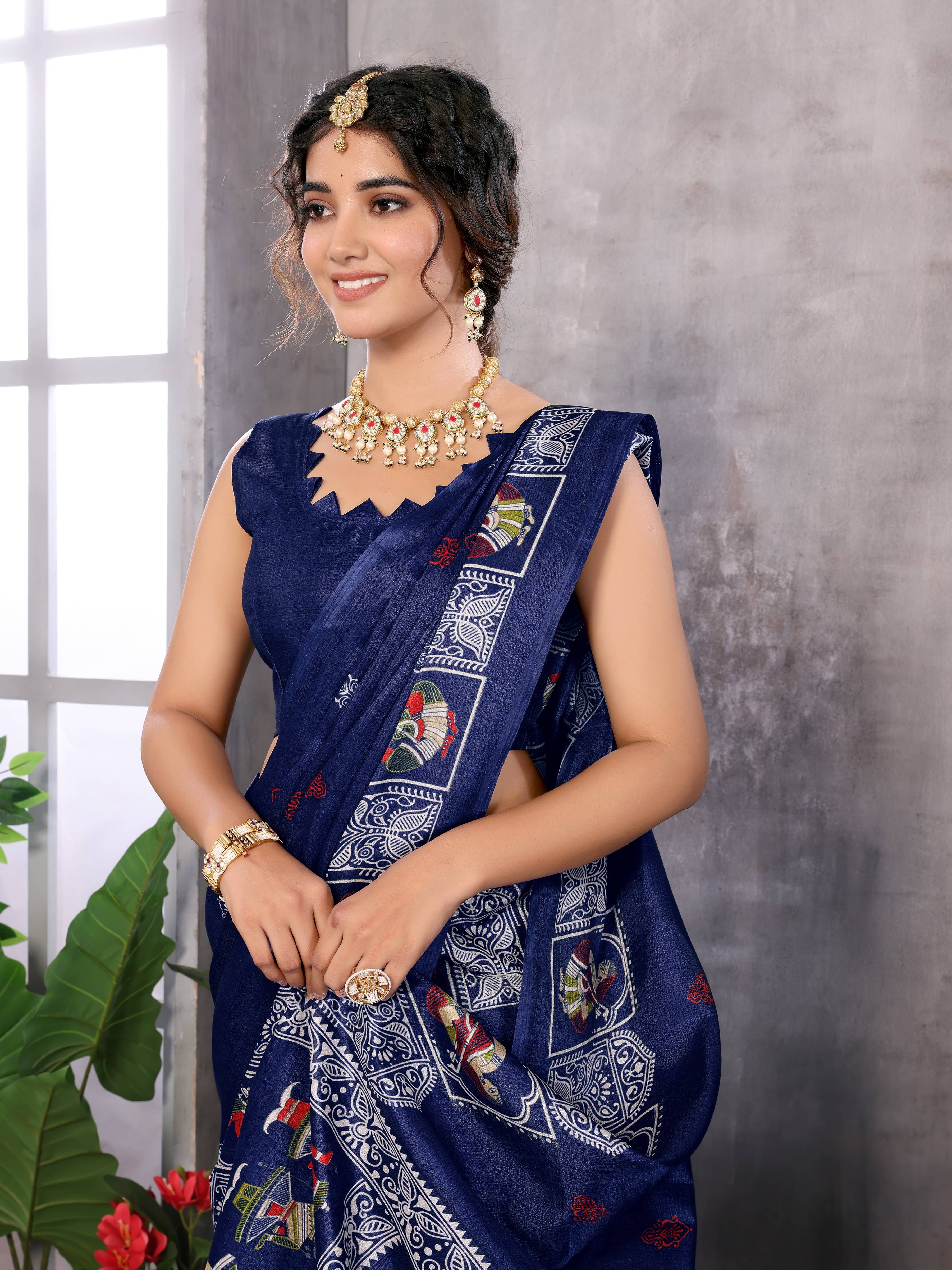 Yashika Art Silk Printed Saree With Unstitched Blouse Piece ( Blue ) Yashika Art Silk Printed Saree With Unstitched Blouse Piece ( Blue )