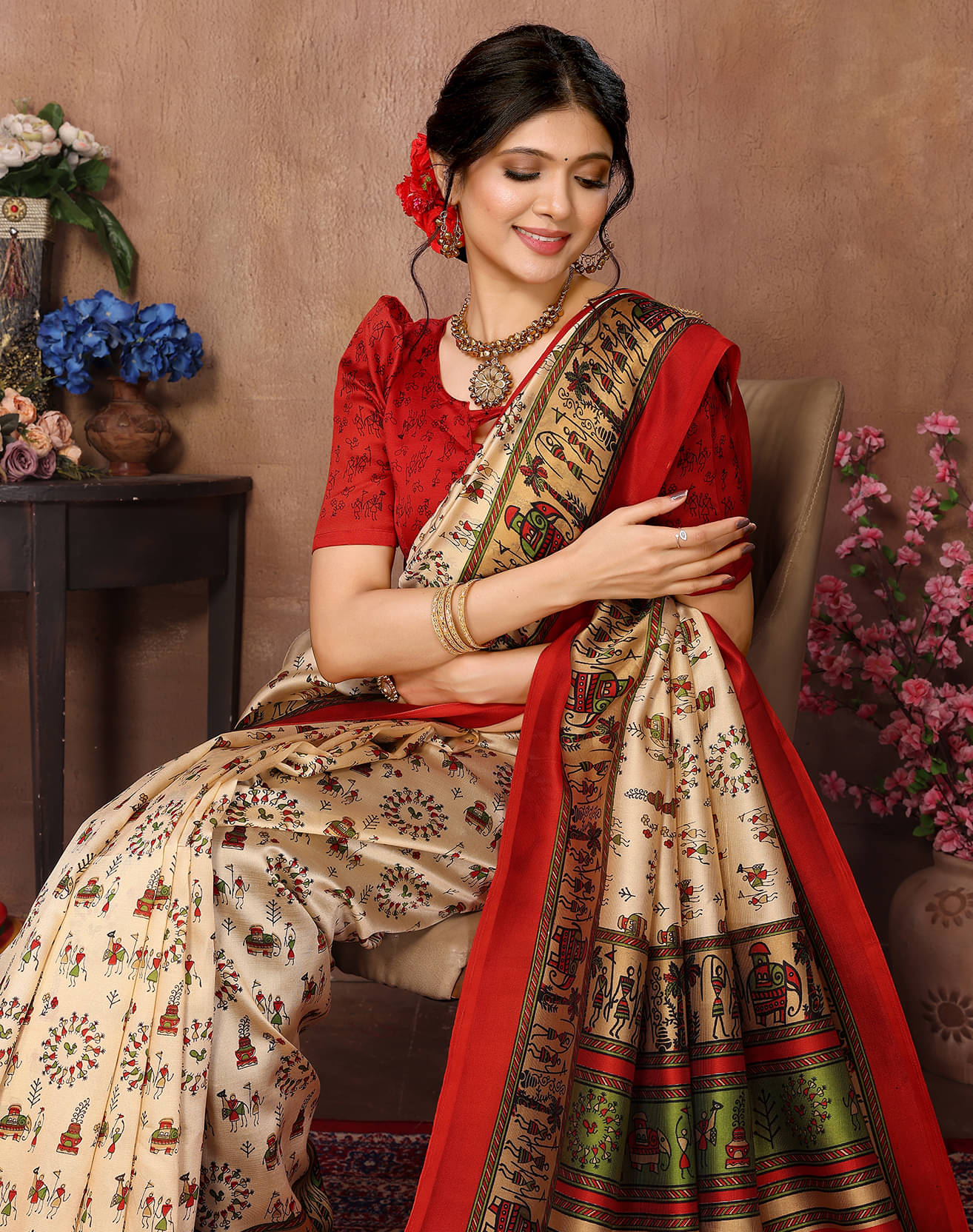     			Yashika Art Silk Printed Saree With Unstitched Blouse Piece ( Red )