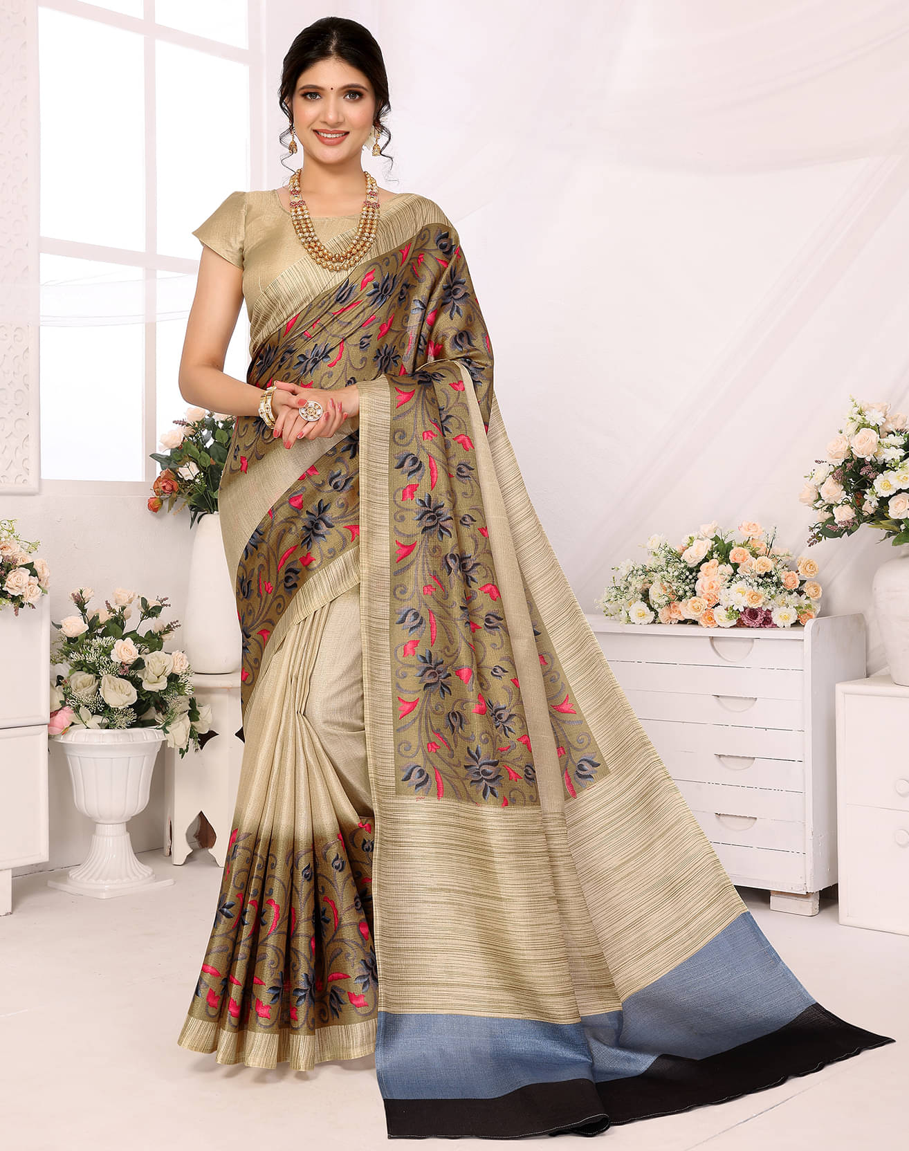 Yashika Art Silk Printed Saree With Unstitched Blouse Piece ( Grey ) Yashika Art Silk Printed Saree With Unstitched Blouse Piece ( Grey )