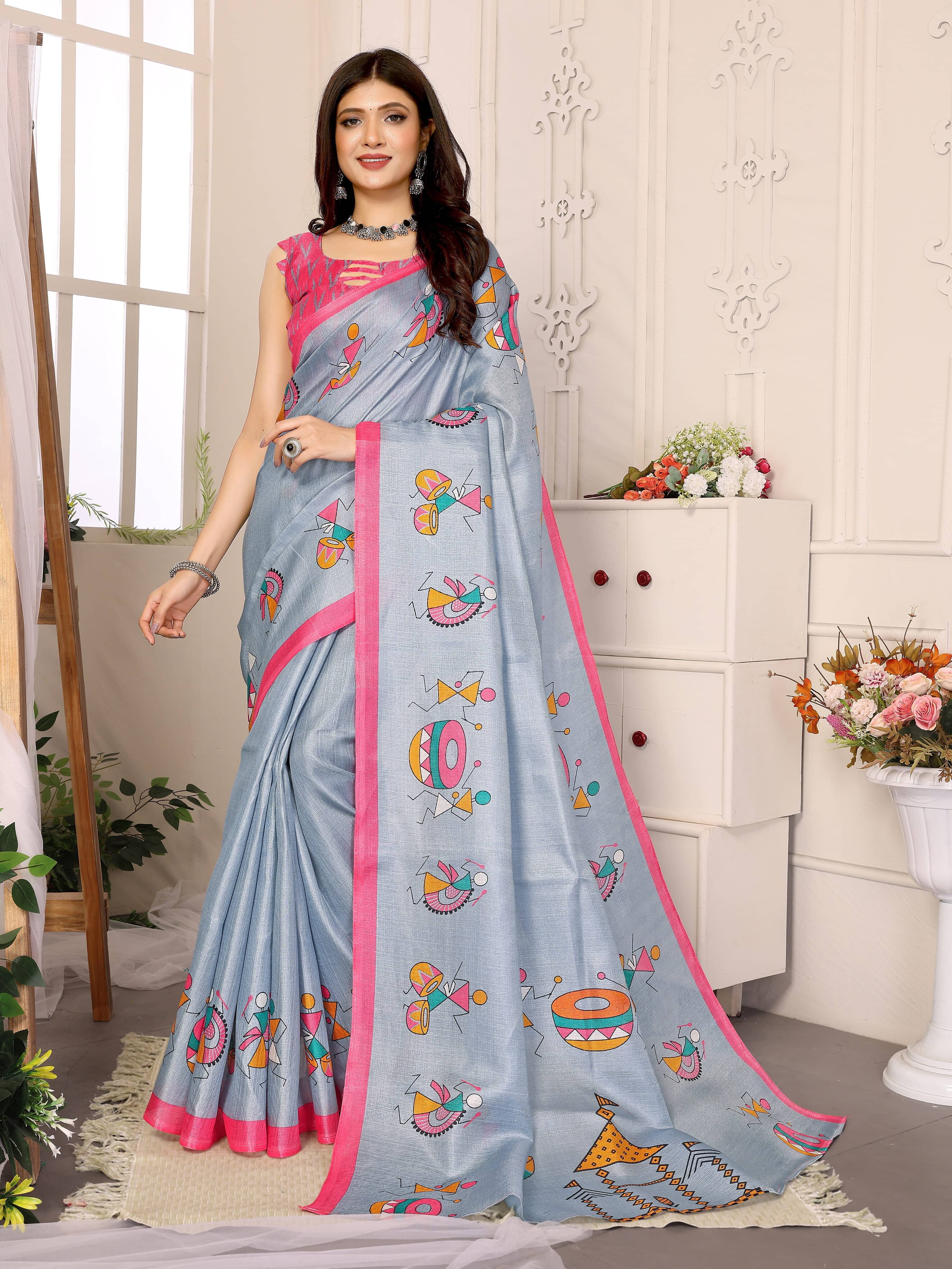 Yashika Art Silk Printed Saree With Unstitched Blouse Piece ( Grey ) Yashika Art Silk Printed Saree With Unstitched Blouse Piece ( Grey )