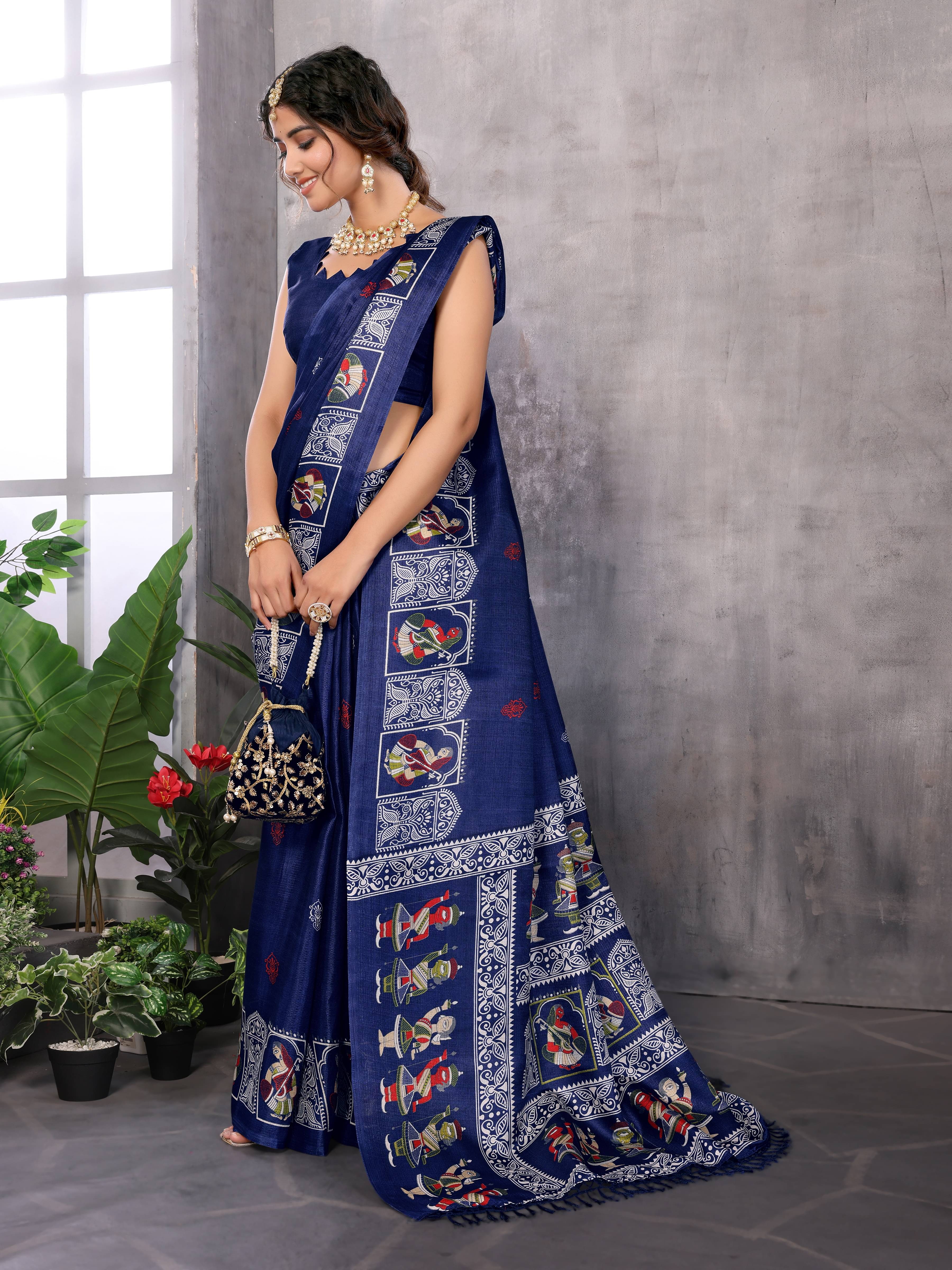     			Yashika Art Silk Printed Saree With Unstitched Blouse Piece ( Blue )