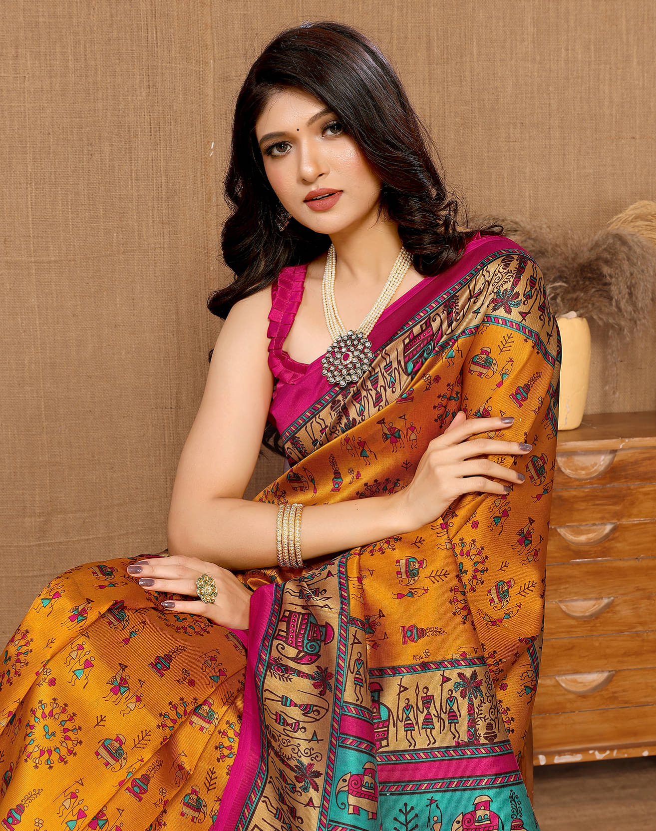     			Yashika Art Silk Printed Saree With Unstitched Blouse Piece ( Yellow )