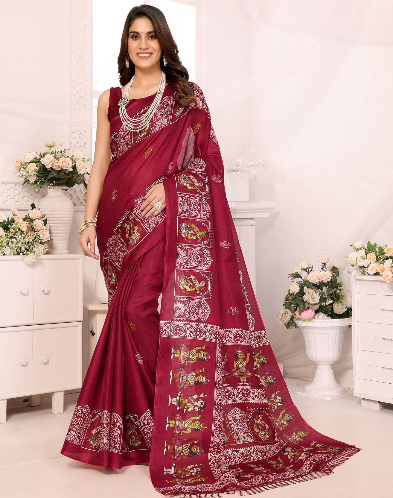     			Yashika Art Silk Printed Saree With Unstitched Blouse Piece ( Maroon )