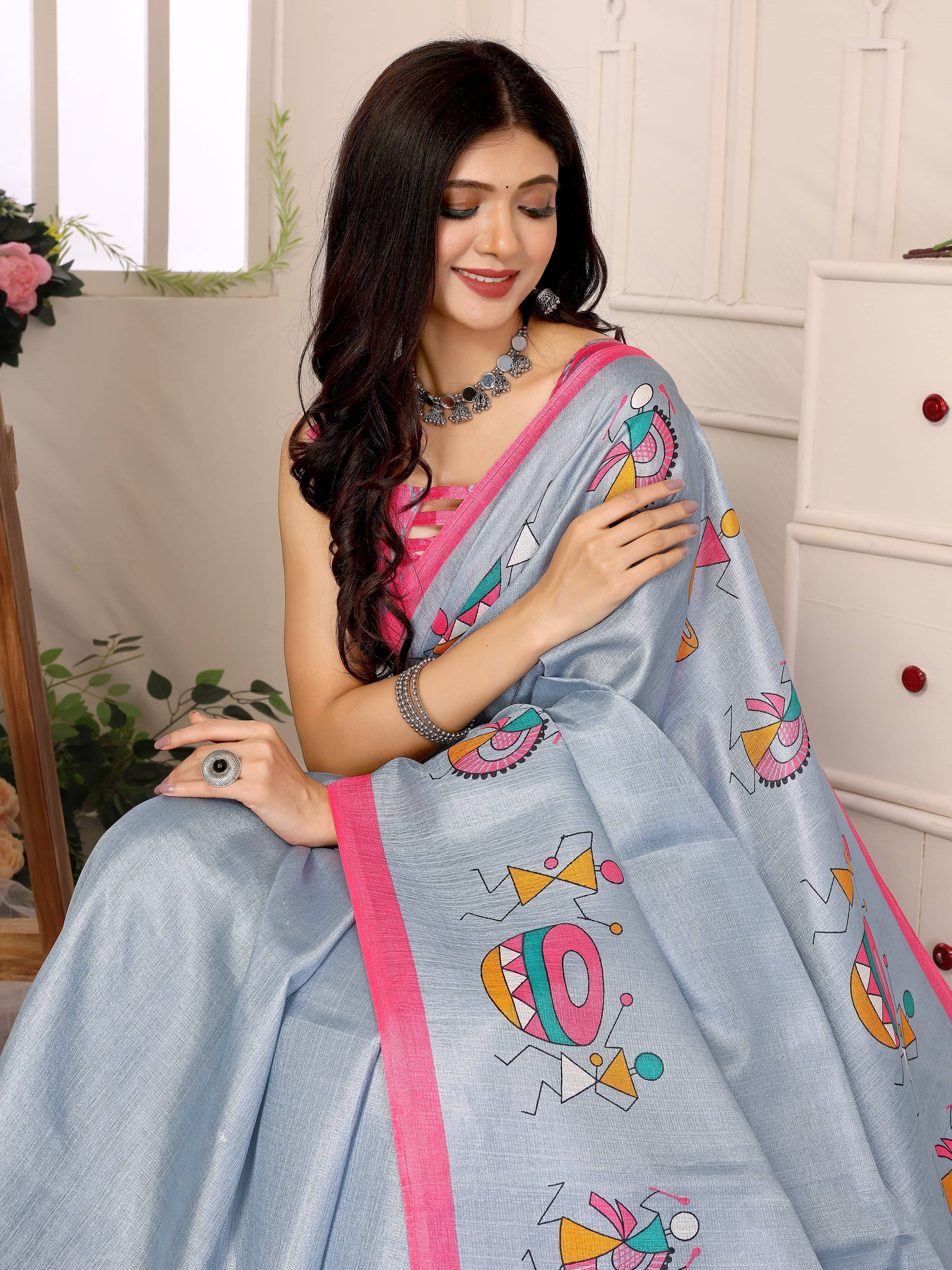 Yashika Art Silk Printed Saree With Unstitched Blouse Piece ( Grey ) Yashika Art Silk Printed Saree With Unstitched Blouse Piece ( Grey )