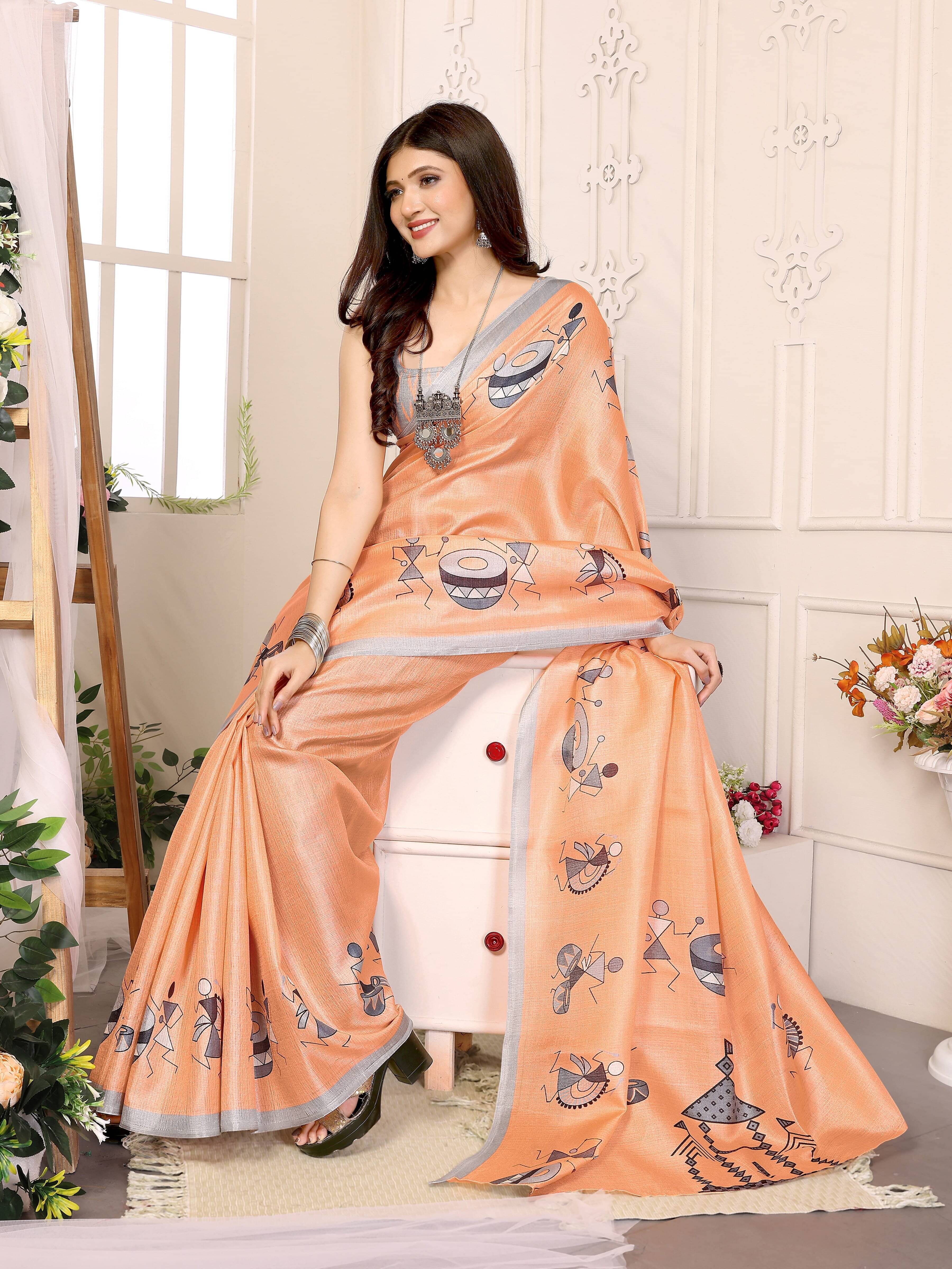 Yashika Art Silk Printed Saree With Unstitched Blouse Piece ( Orange ) Yashika Art Silk Printed Saree With Unstitched Blouse Piece ( Orange )