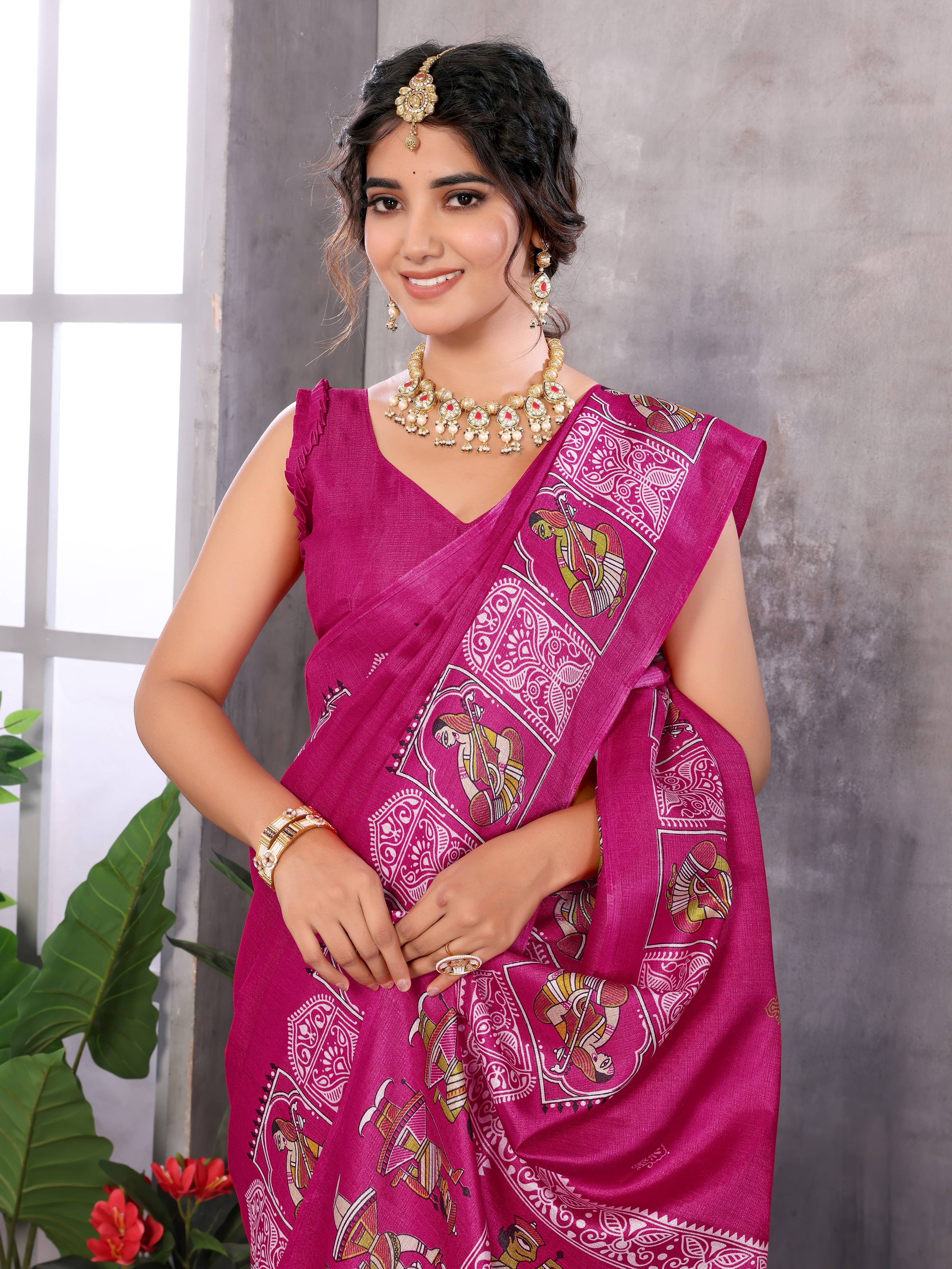     			Yashika Art Silk Printed Saree With Unstitched Blouse Piece ( Pink )